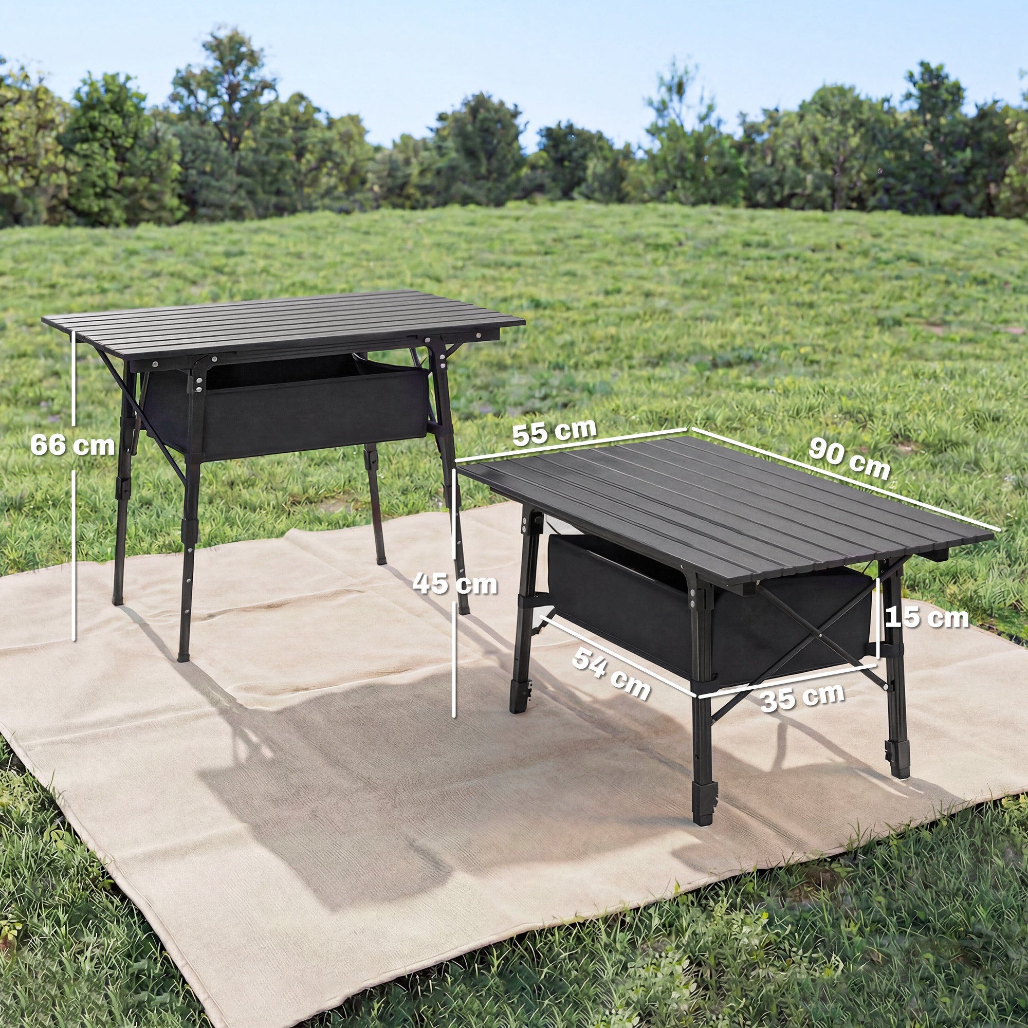 Outsunny Folding Camping Table, 90 x 55 cm Height Adjustable Portable Collapsible Table, 3ft Lightweight Aluminium Rollup Picnic Table with Storage Basket for Outdoor Garden Party BBQ, Black
