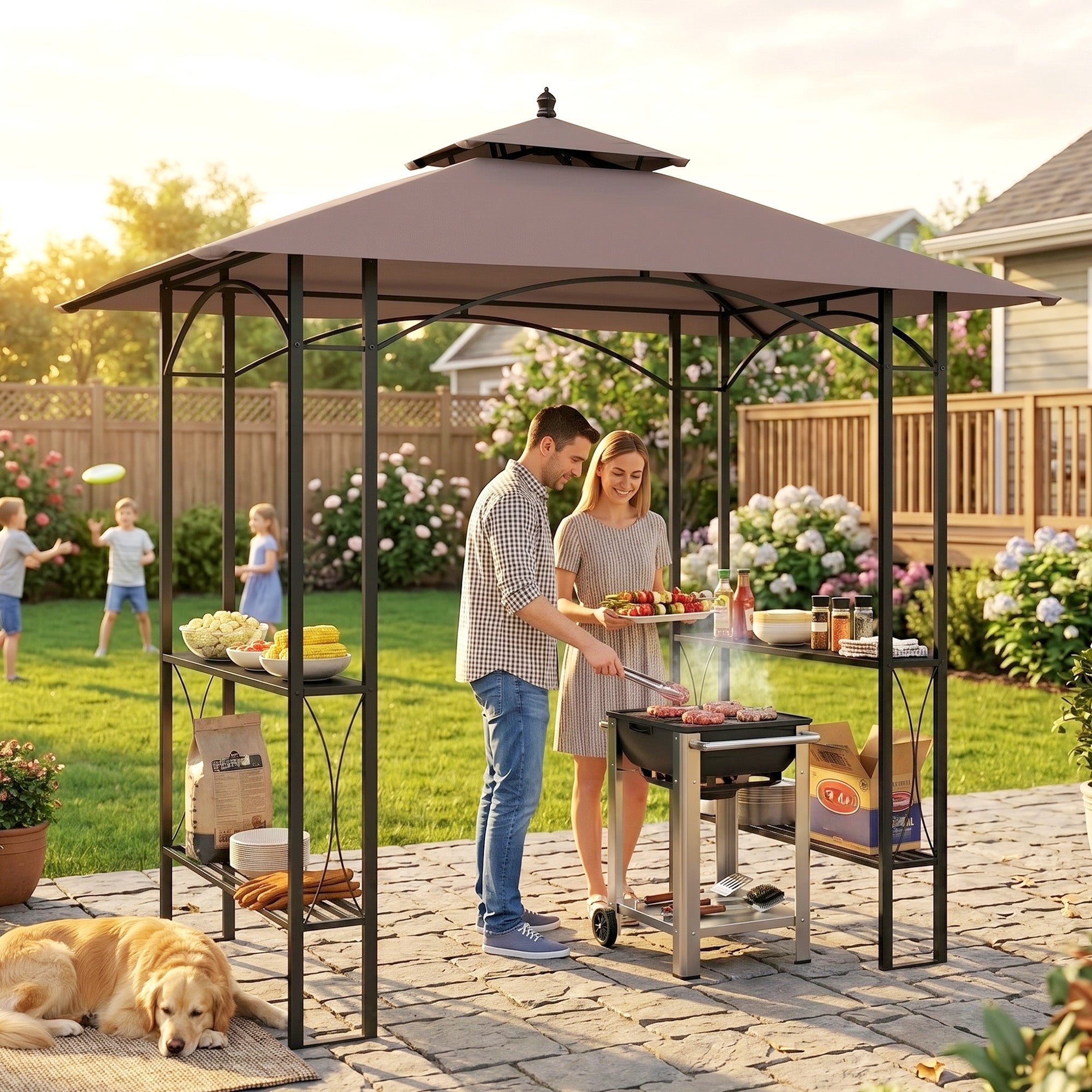 Outsunny 2.5 x 1.5m BBQ Tent Canopy Patio Outdoor Awning Gazebo Party Sun Shelter - Coffee