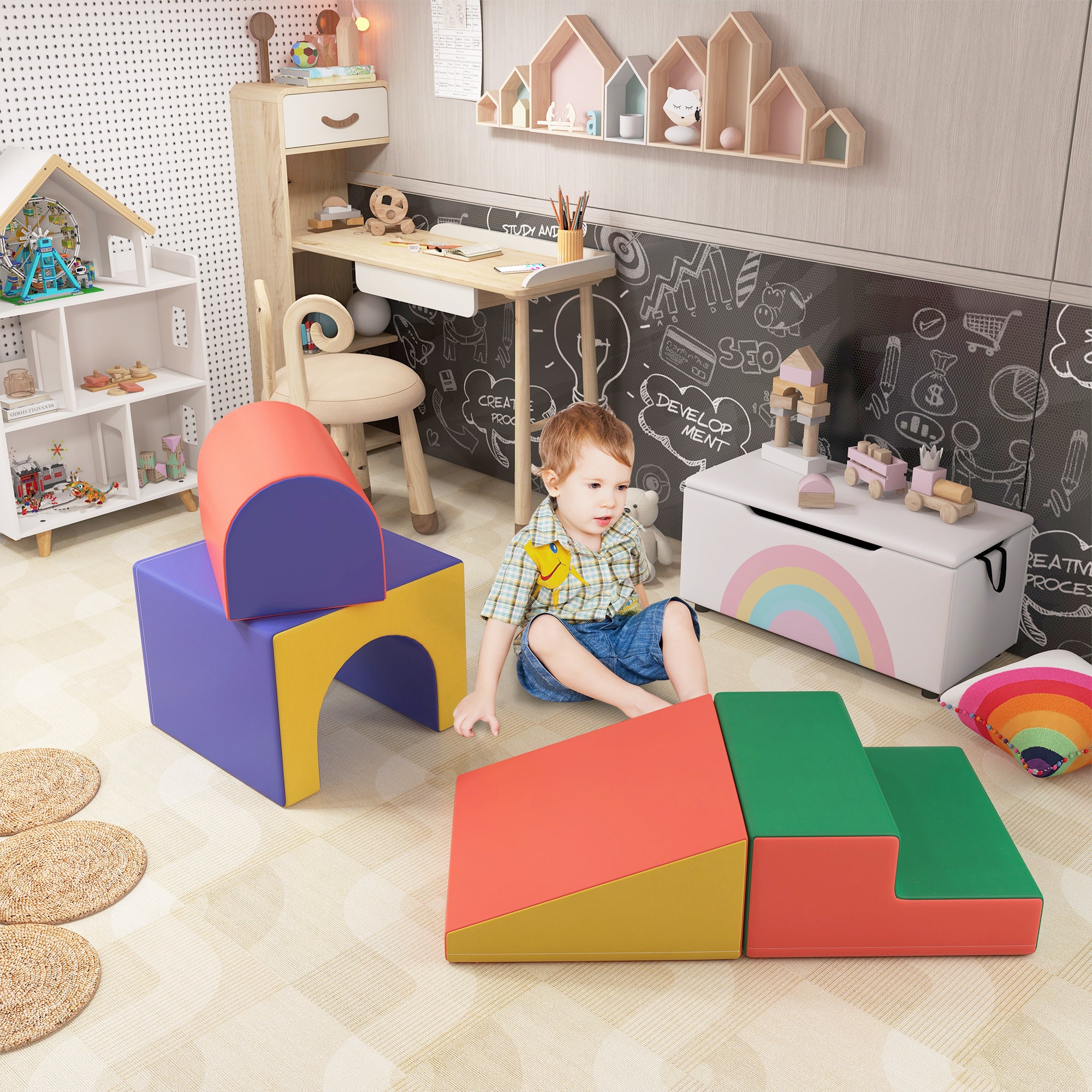 HOMCOM 4-Piece Soft Play Set for Toddlers 1-3 Years, Red - North Peak Garden Furniture