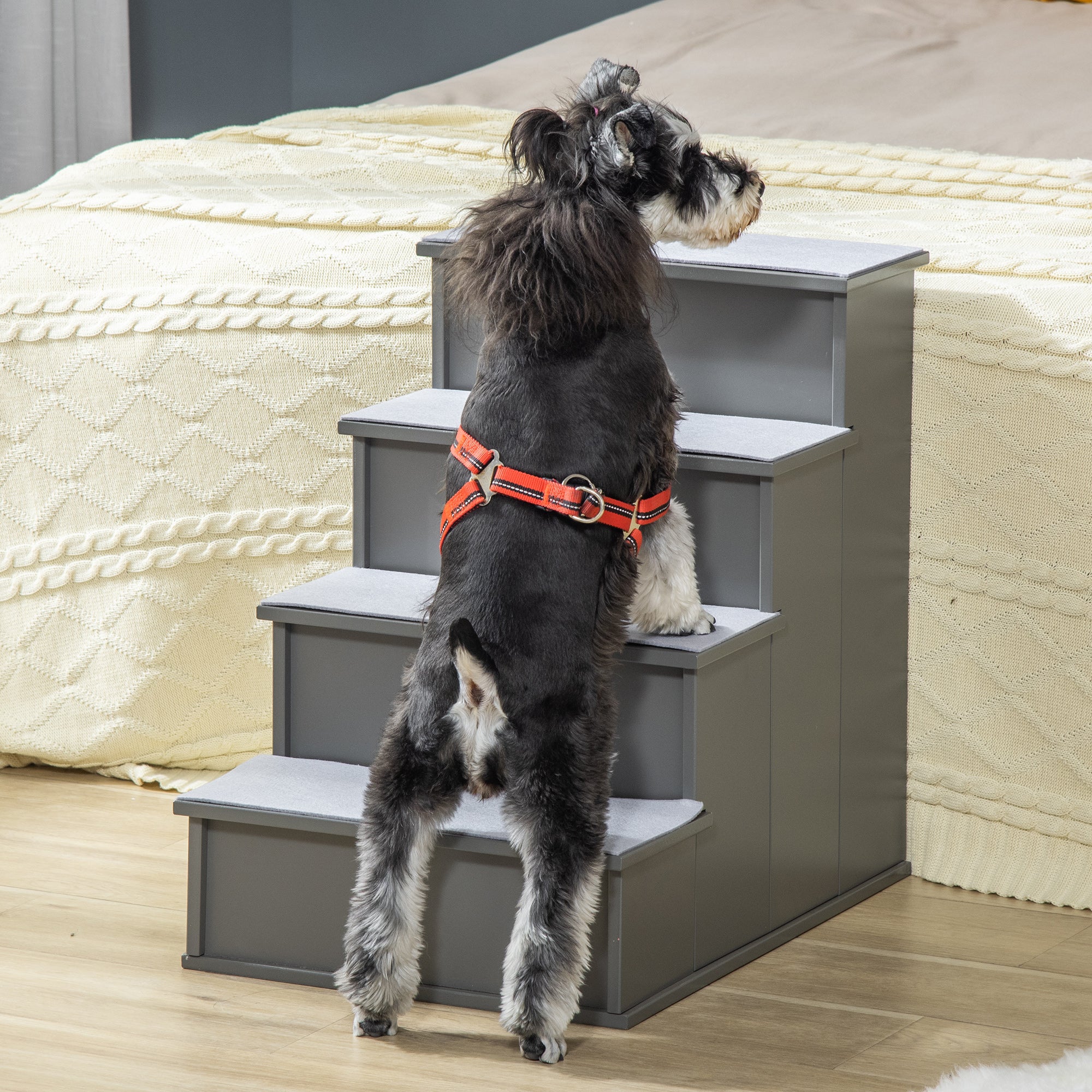 PawHut 4 Step Wooden Dog Steps Pet Stairs for Dogs, Cat Ladder for Bed Couch with Non-Slip Carpet 40 x 59 x 54.2 cm, Grey - North Peak Garden Furniture