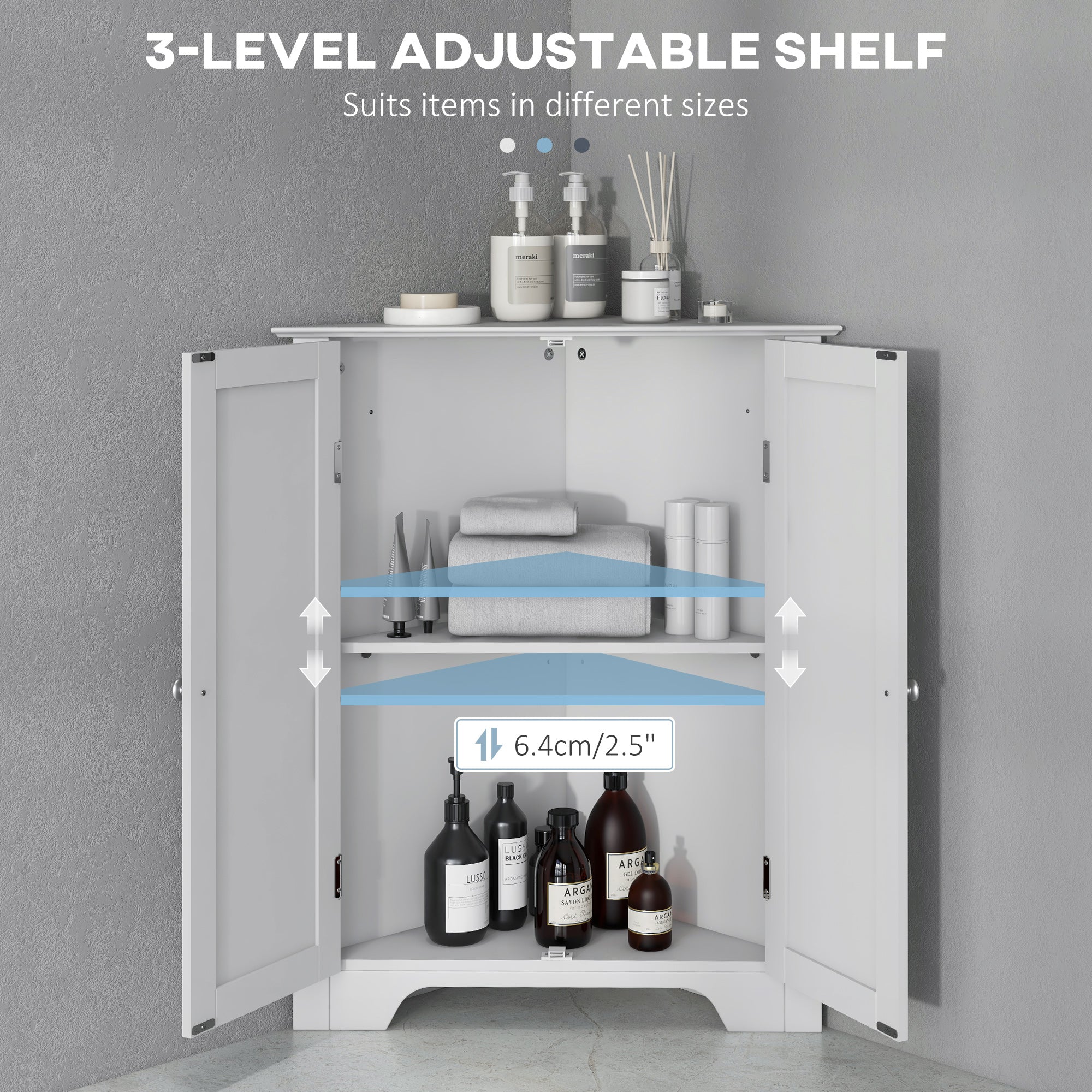 kleankin Corner Cabinet, Triangle Bathroom Storage Cabinet with Adjustable Shelf and Recessed Door, Free Standing, White