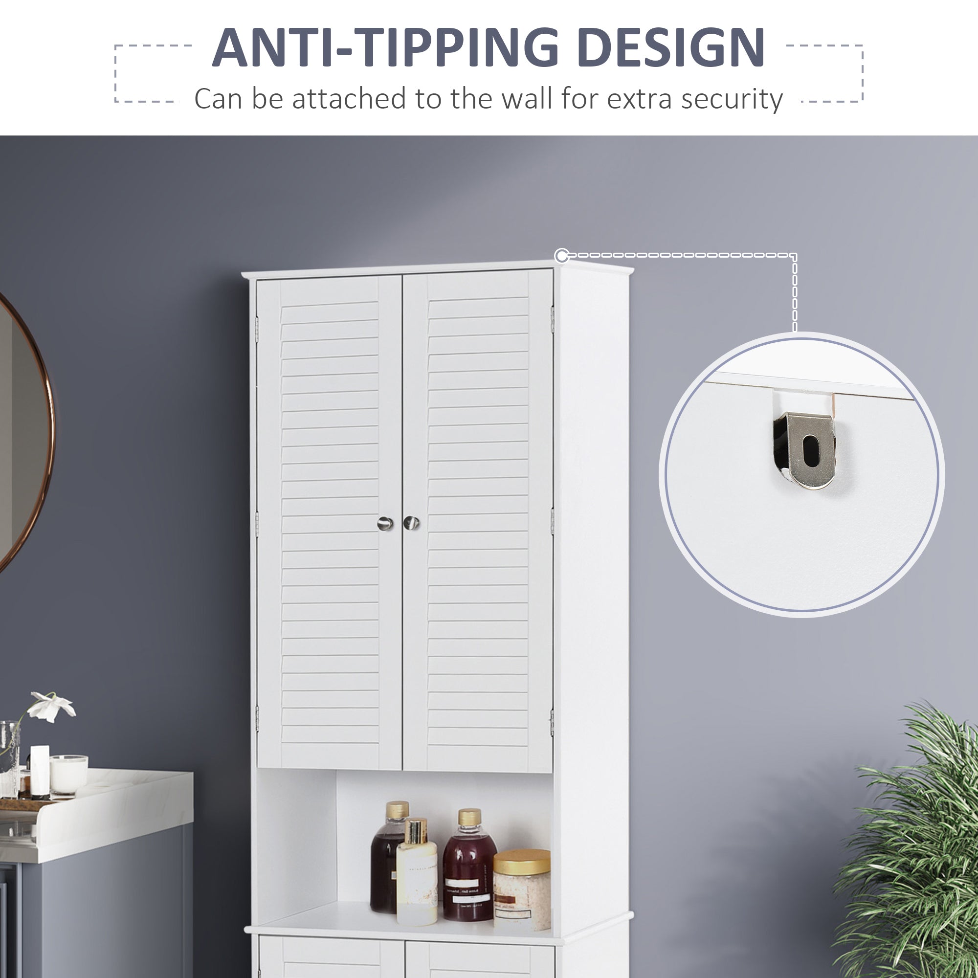 HOMCOM Tall Freestanding Bathroom Cabinet Retro Shutters w/ 3 Compartments Shelves Elevated Base Narrow Organiser White 60L x 30W x 182.5H cm - North Peak Garden Furniture