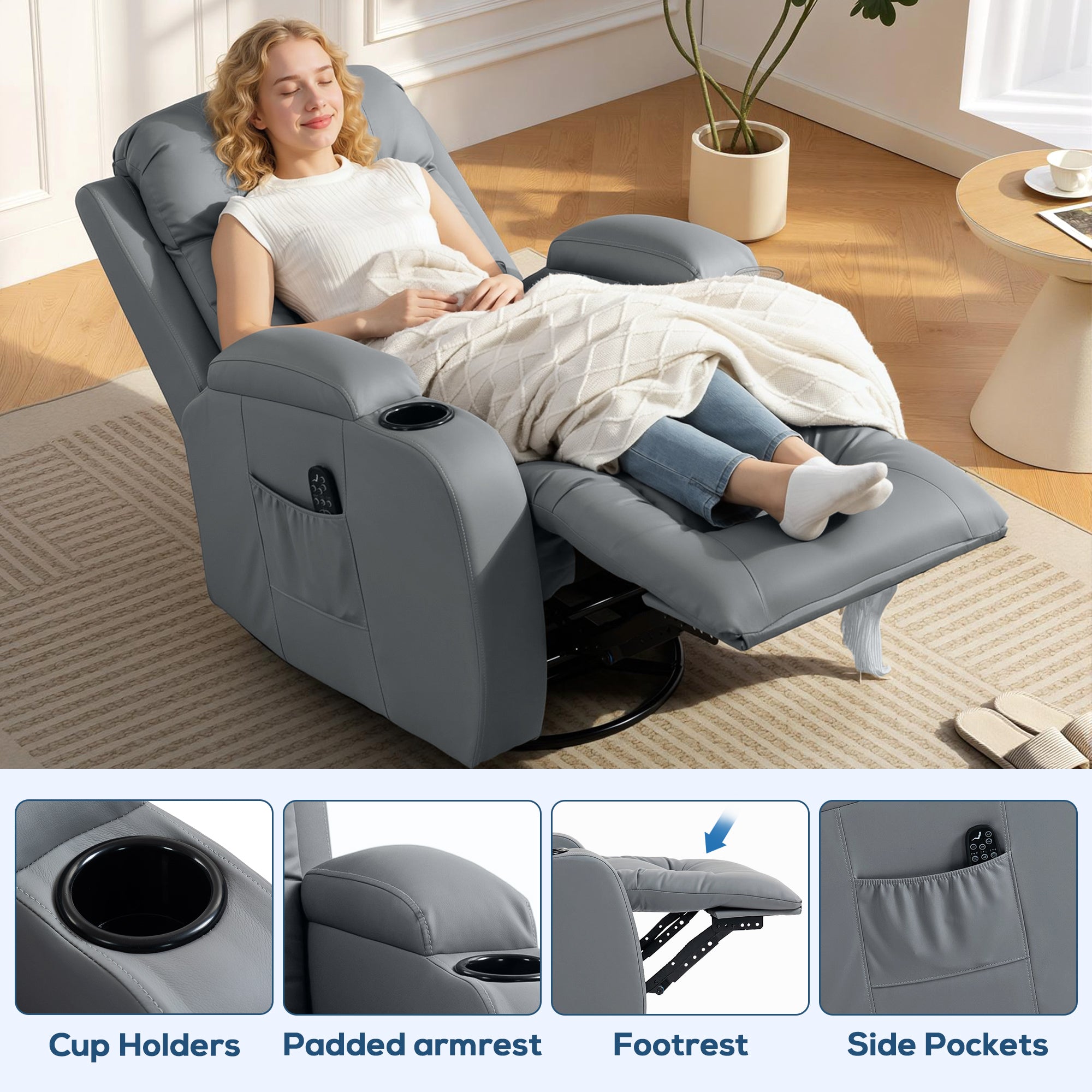 HOMCOM Massage Recliner Armchair, PU Leather Recliner Chair, Grey