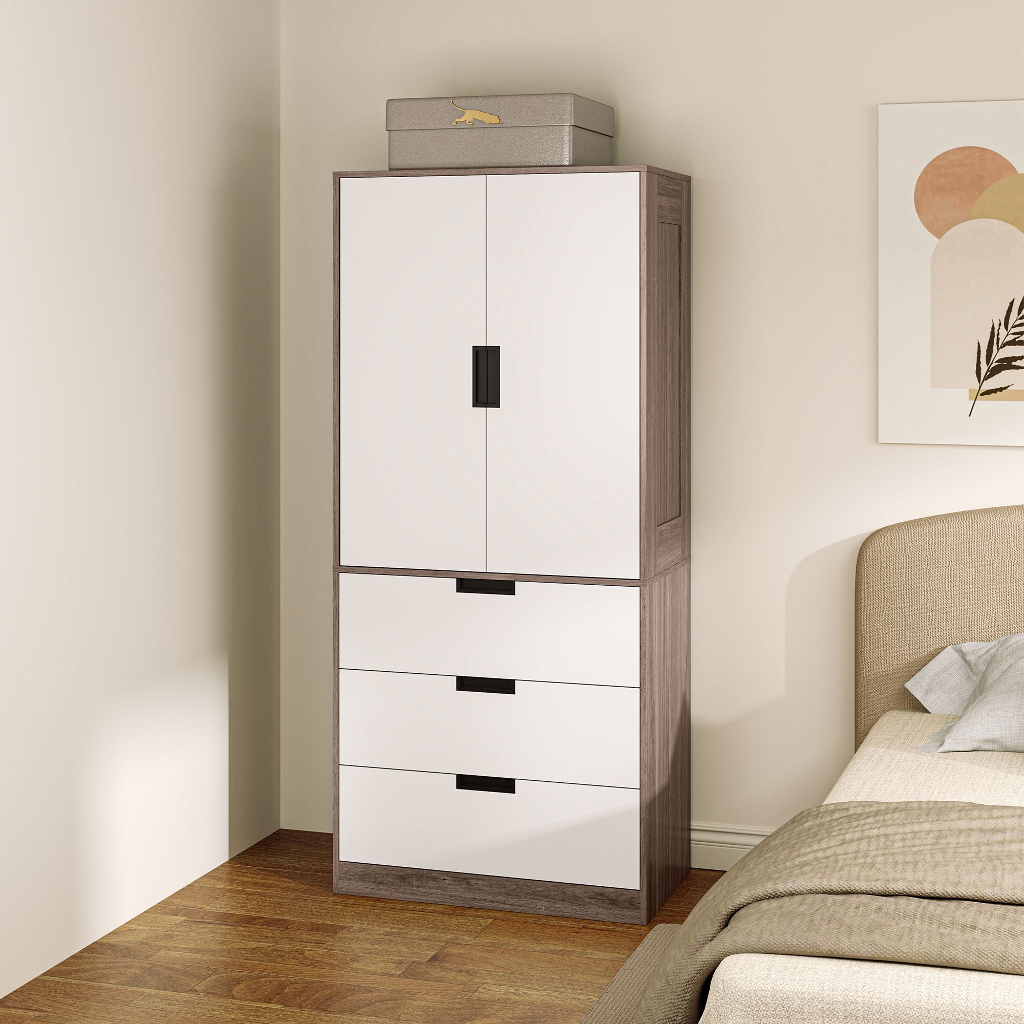 HOMCOM Two Door, Two Drawer Wardrobe - White/Brown - North Peak Garden Furniture