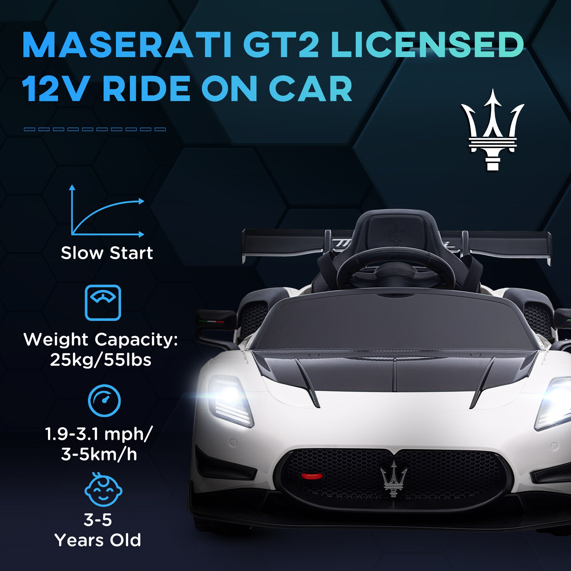 AIYAPLAY Maserati GT2 Licensed 12V Kids Electric Ride on Car with 4 Suspension, Remote Control Music Horn Lights - White