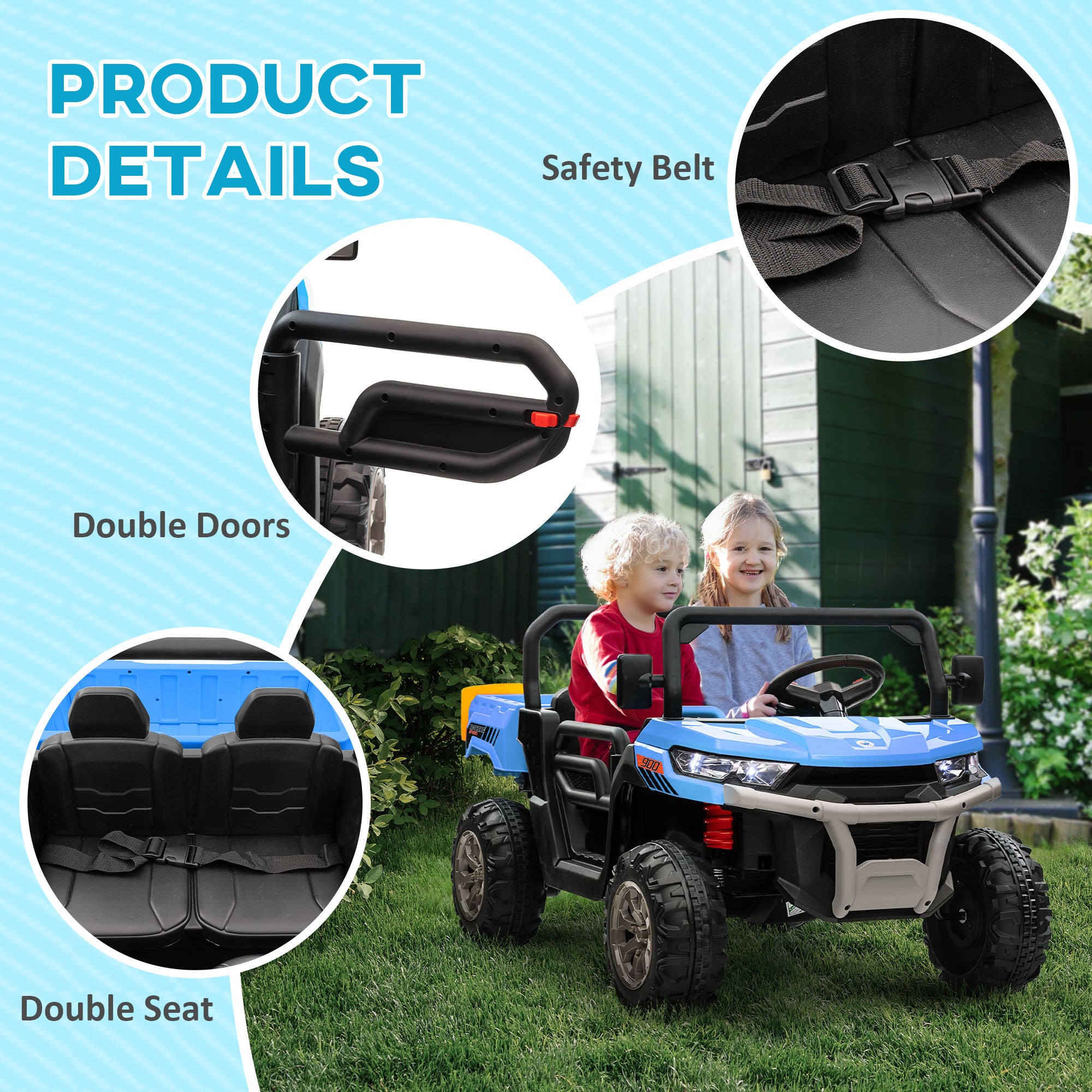 HOMCOM 12V 2 Seater Kids Electric Ride-On Car with Electric Bucket, Remote Control - Blue - North Peak Garden Furniture
