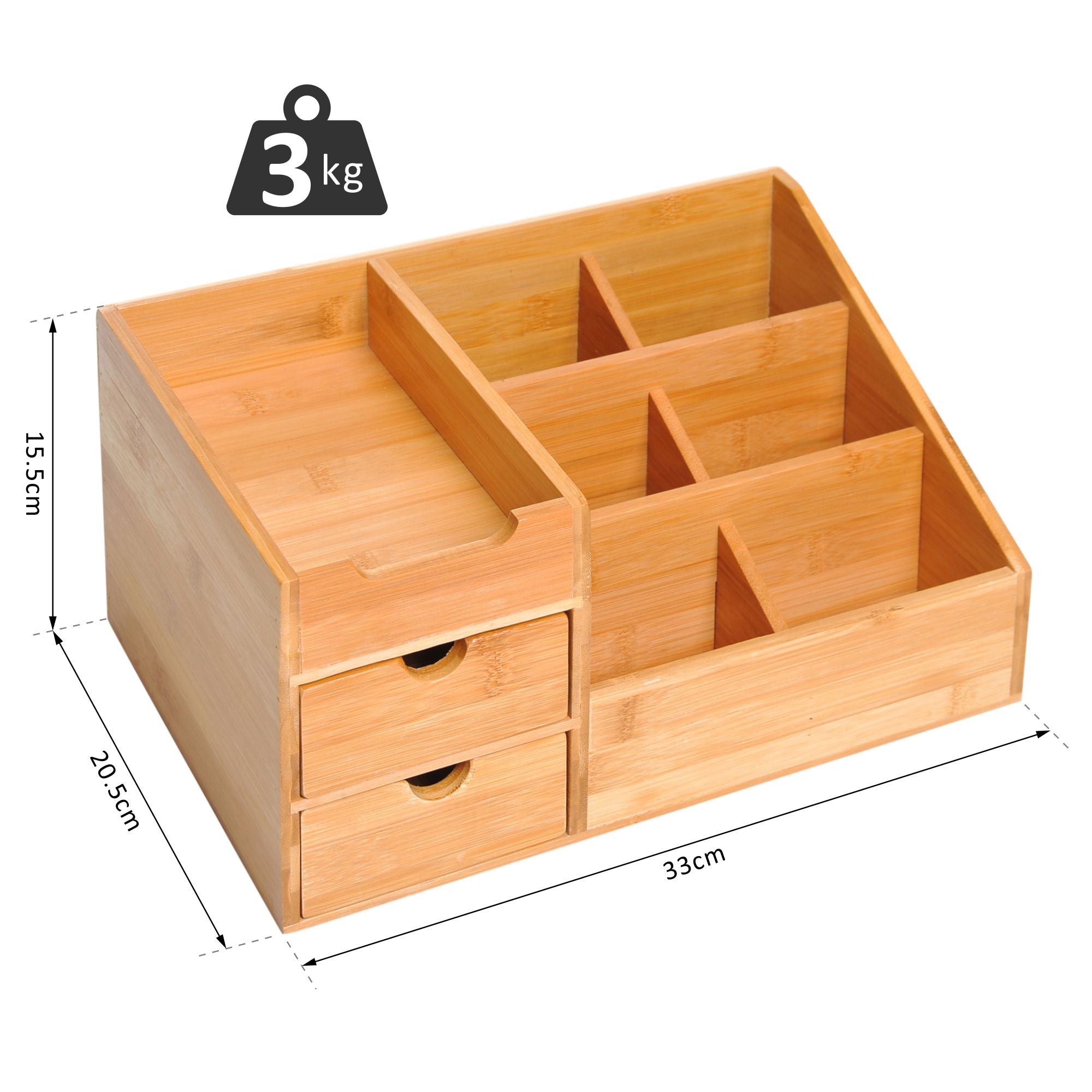 HOMCOM Organiser Holder Multi-Function Storage Caddy Drawers Home Office Stationary Supplies 7 Storage Compartments and 2 Drawers Natural Bamboo - North Peak Garden Furniture