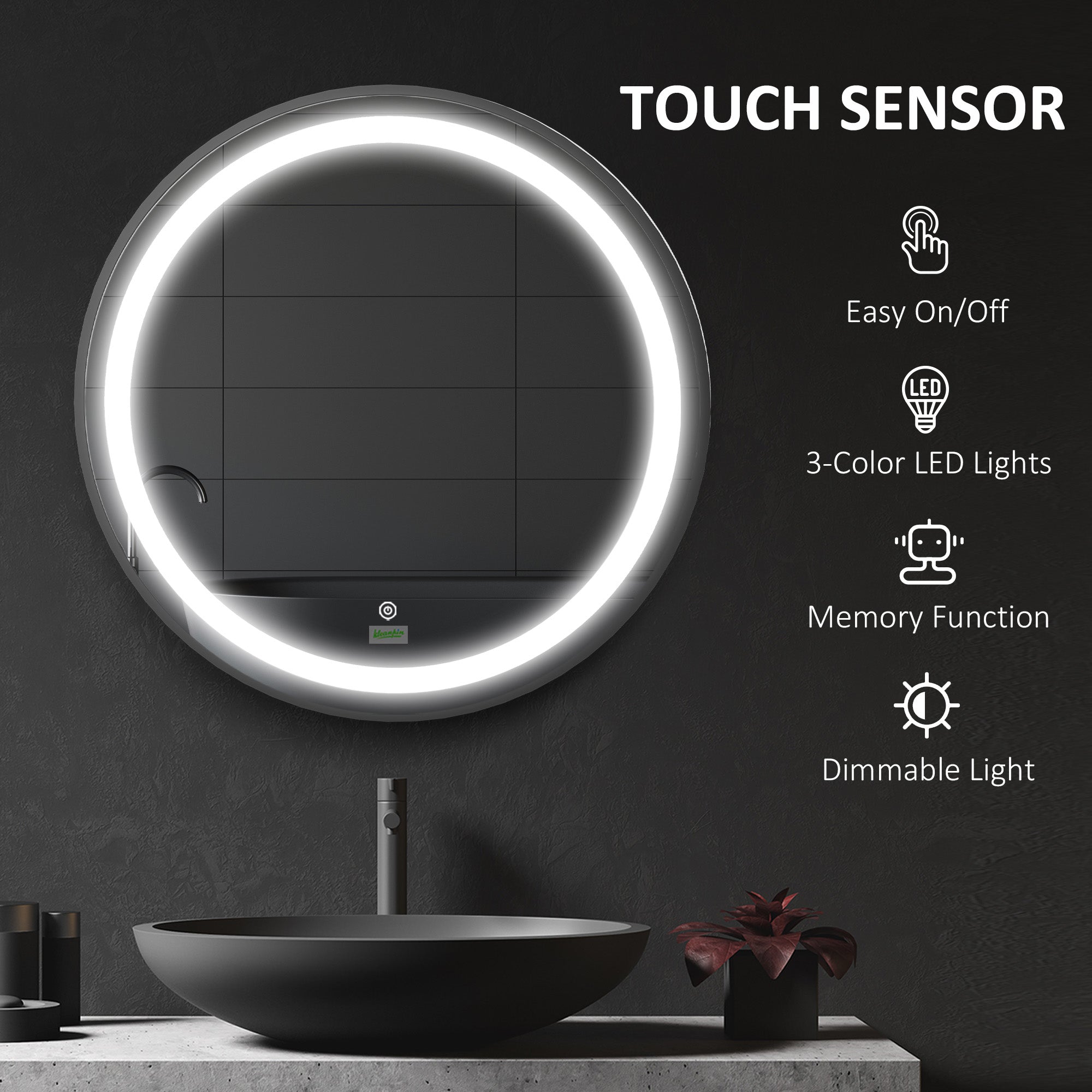 kleankin Round LED Bathroom Mirror, Dimmable Lighted Wall-Mounted Mirror with 3 Temperature Colours, Memory Function, Hardwired - North Peak Garden Furniture