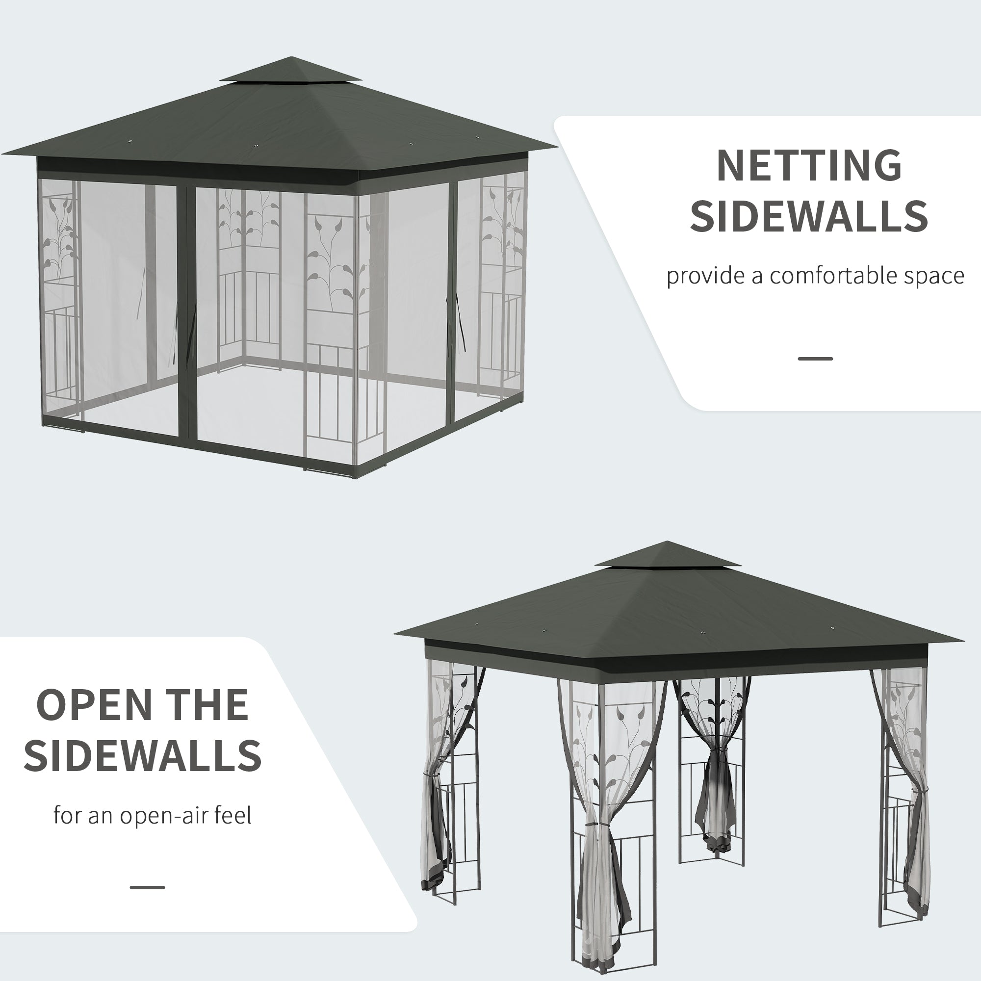 Outsunny 3 x 3(m) Steel Frame Double Roof Garden Gazebo - Grey - North Peak Garden Furniture