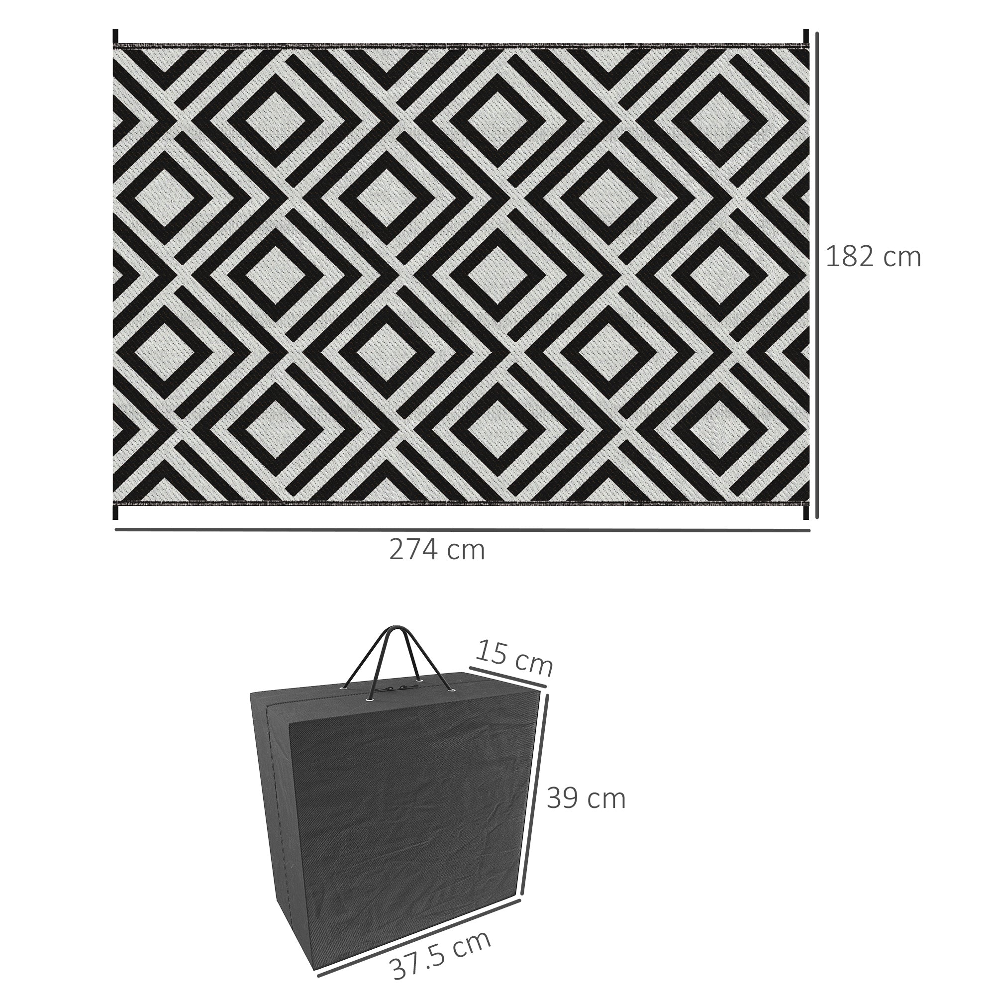 Outsunny Reversible Outdoor Rug, Plastic Straw Mat w/ Carry Bag Ground Stakes for Garden RV Picnic Beach Camping 182x274cm Black - North Peak Garden Furniture