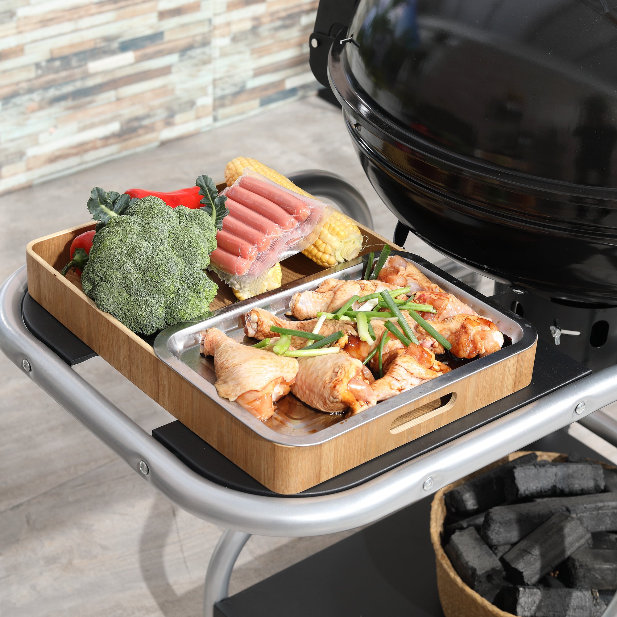 Outsunny Portable Charcoal Kettle Grill Outdoor Barbecue Trolley BBQ Heat Smoker Grilling with Two wheels, Free Standing Black - North Peak Garden Furniture