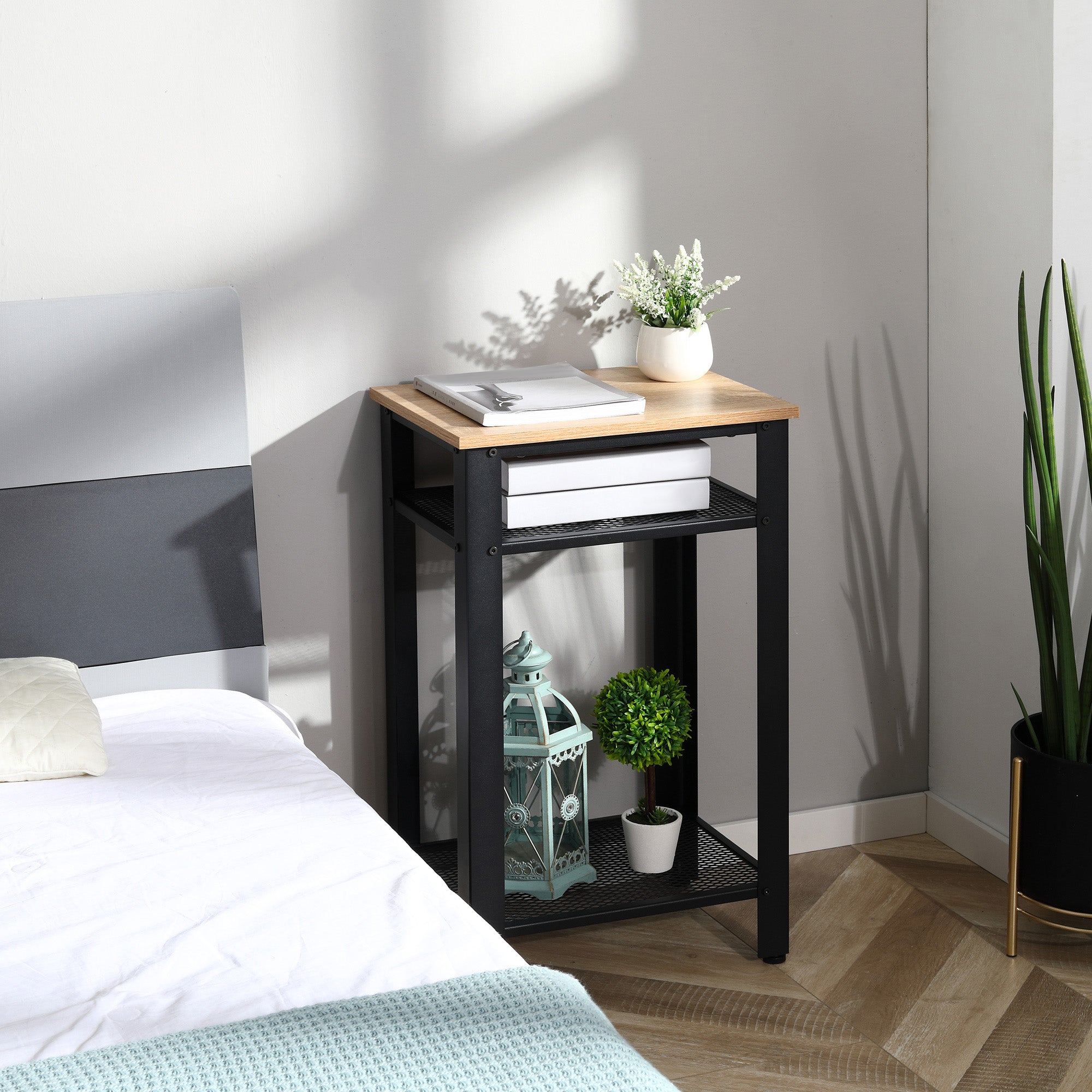 HOMCOM Tall Side Table with 3 Layer 2 Shelves Storage Display Industrial-Style Metal Frame Bedside End Table Nightstand for Living Room Bedroom Lounge - North Peak Garden Furniture