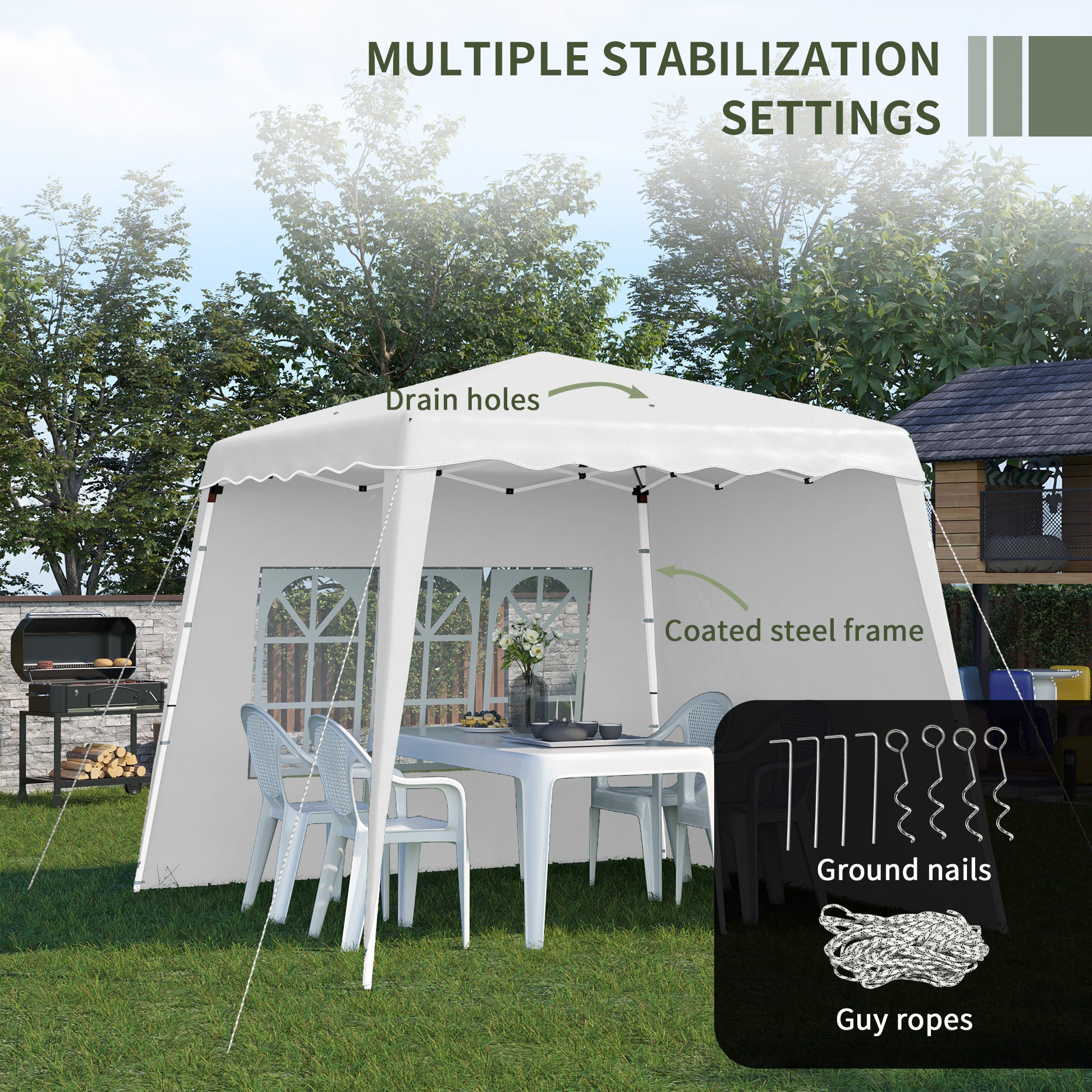 Outsunny Pop Up Gazebo with 2 Sides, Slant Legs and Carry Bag, Height Adjustable UV50+ Party Tent Event Shelter for Garden, Patio, 2.4 x 2.4m Top / 2.9 x 2.9m Base, White - North Peak Garden Furniture