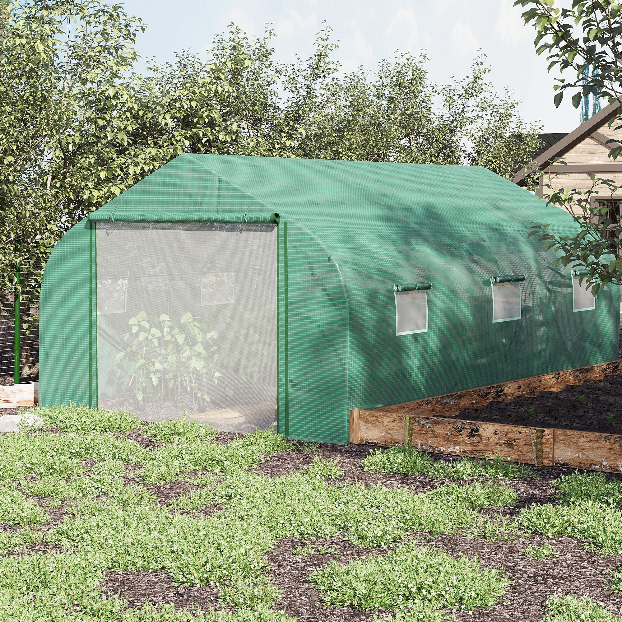 Outsunny Walk-in Polytunnel Garden Greenhouse, Outdoor Mesh Door Greenhouse with PE Cover and 6 Windows, 4.5 x 3 x 2m, Green - North Peak Garden Furniture
