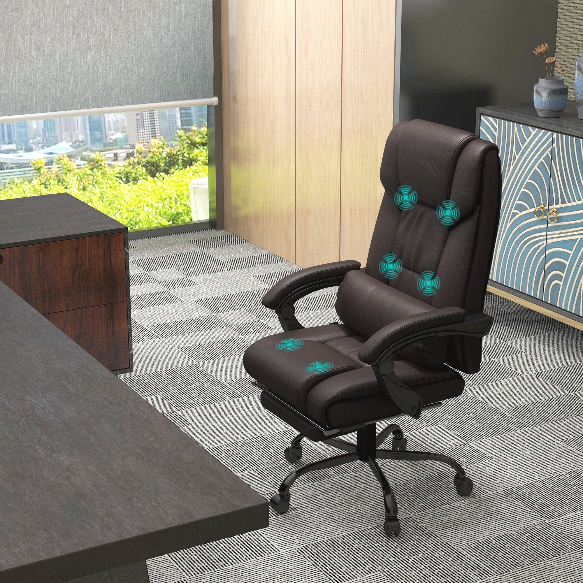 Vinsetto 6-Point Massage Office Chair, PU Leather Desk Chair with Adjustable Height and Footrest for Home Office, Brown - North Peak Garden Furniture