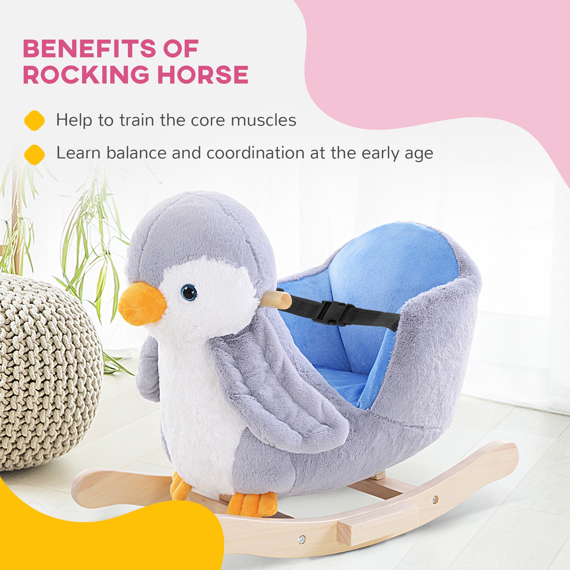 HOMCOM Children Kids Animal Rocking Horse Penguin Plush Musical Button 32 Songs Kid Rocker for 18+ Months - North Peak Garden Furniture