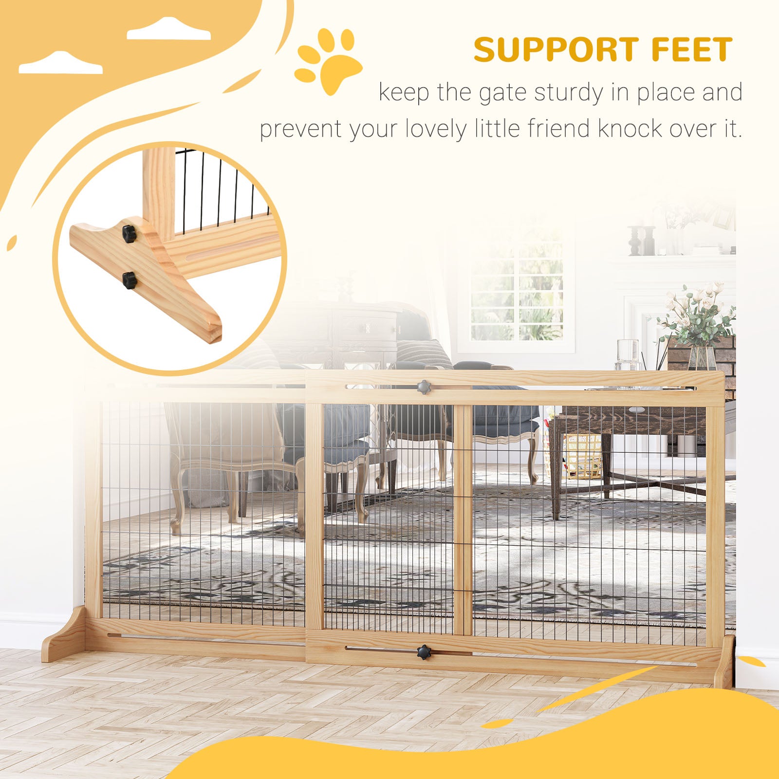 PawHut Freestanding Dog Gate, Foldable Pet Fence, Indoor Wood Barrier, Stair Gate with Support Feet, for Doorway, Hallway, Small and Medium Dogs, 69H x 104-183 cm, Natural Wood Effect - North Peak Garden Furniture