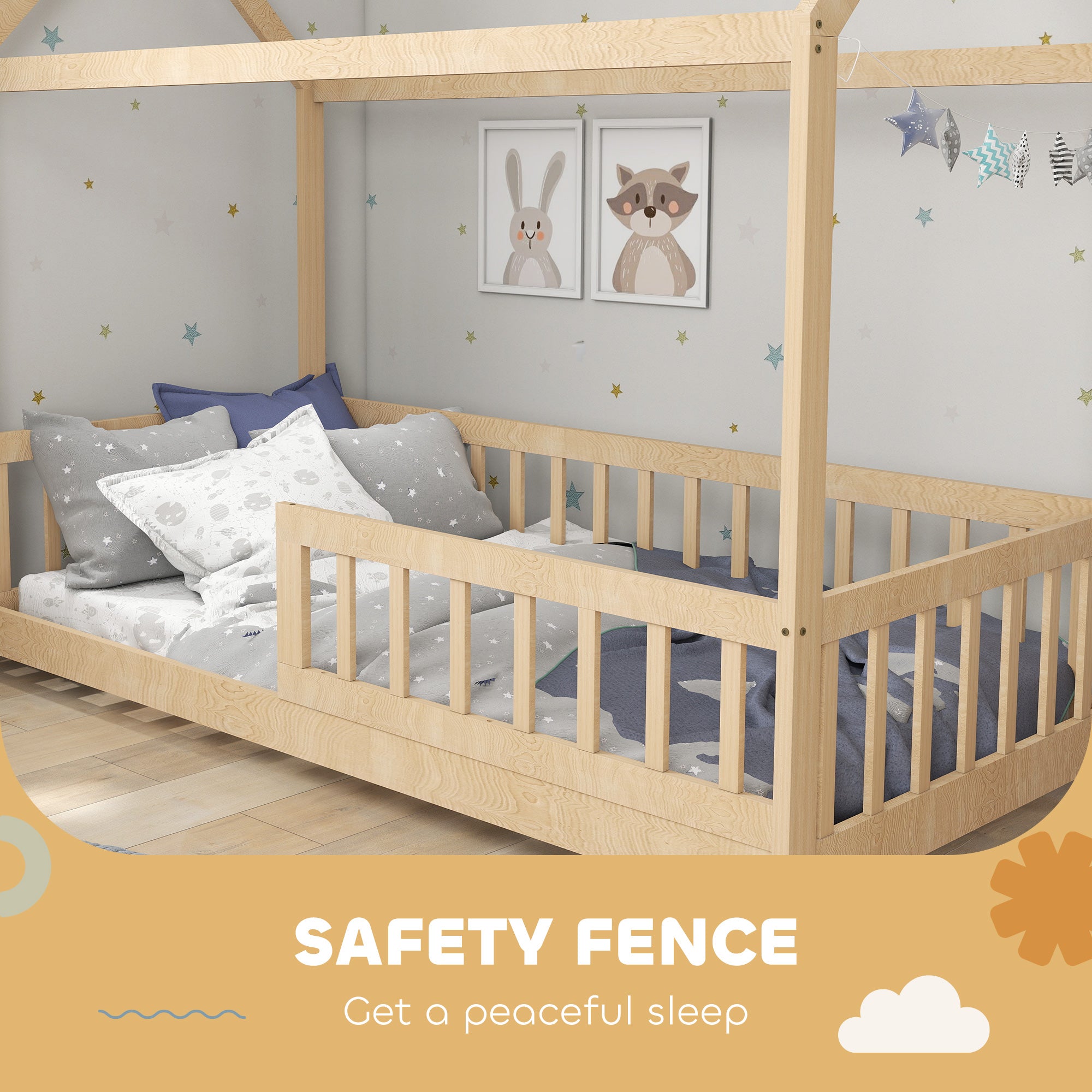 HOMCOM House-Shaped Kids Bed Frame with Guard Rails, Solid Pine Wood Single Bed Frame for Kids Boys and Girls, Natural