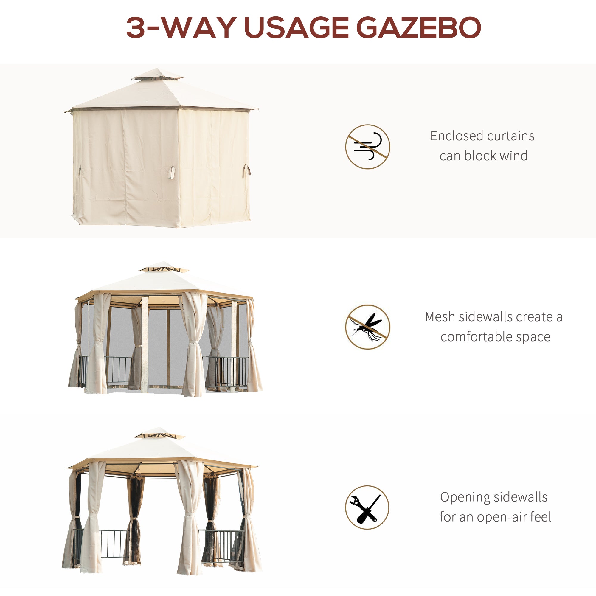 Outsunny 3 x 3(m) Hexagon Gazebo Patio Canopy Party Tent Outdoor Garden Shelter w/ 2 Tier Roof & Side Panel - Beige - North Peak Garden Furniture