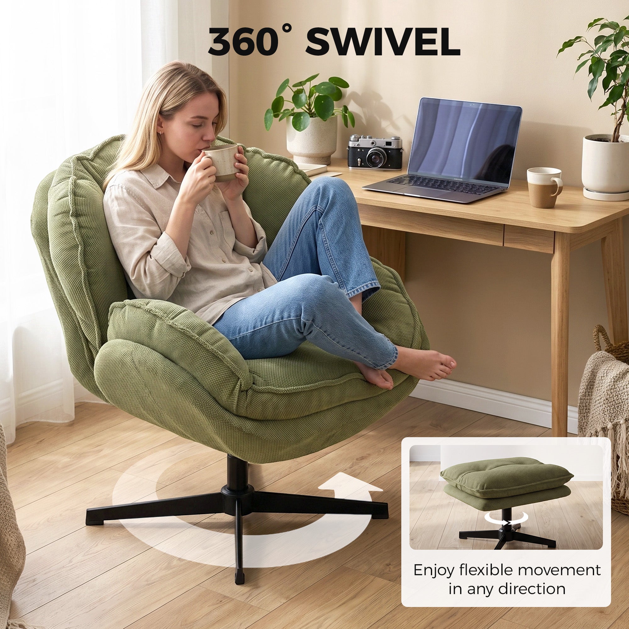 HOMCOM Armchair with Adjustable Footstool, 360-Degree Swivel Chenille Cloud Accent Chair with Thick Cushion, Steel Base, Green