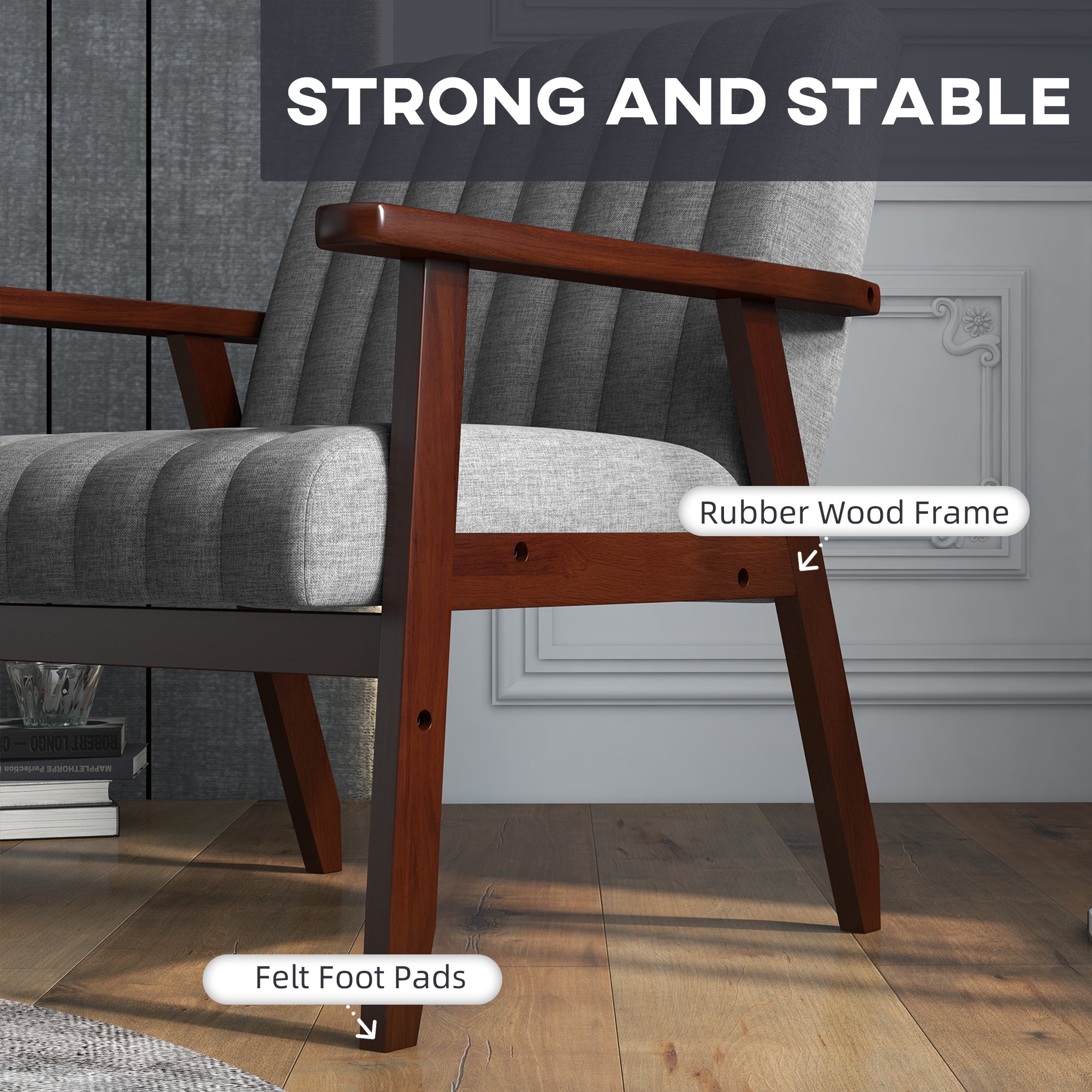 HOMCOM Mid Century Accent Chair, with Wooden Legs - Grey - North Peak Garden Furniture