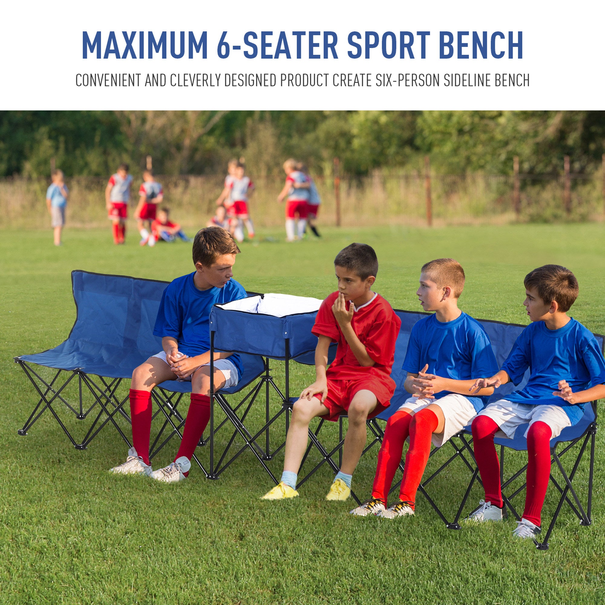 Outsunny 6 Seat Folding Sports Bench Portable Sports Team Bench Spectator Chair with Cooler Bag and Carrying Bag for Outdoor Picnic Camping - Blue - North Peak Garden Furniture
