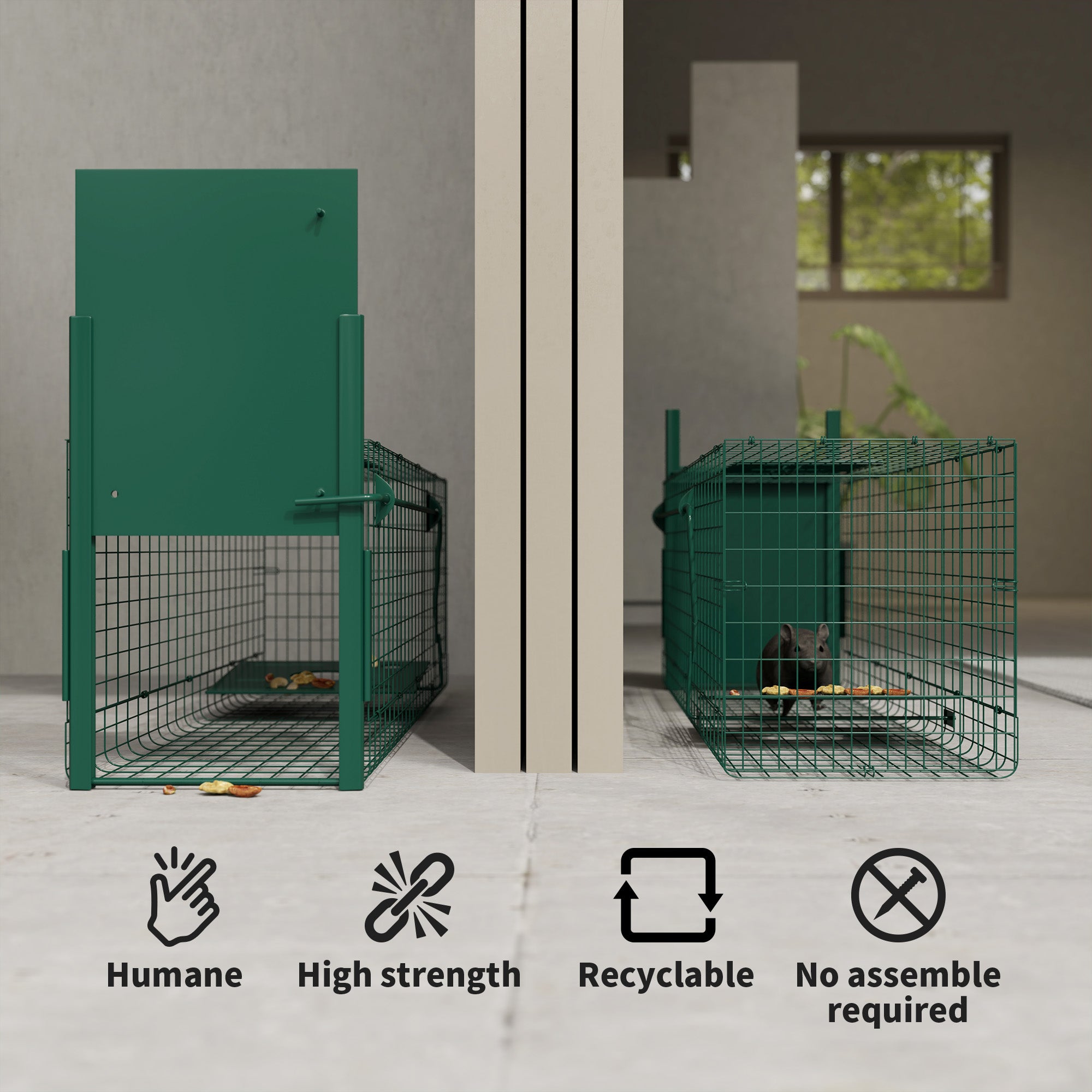 Outsunny Single Door Humane Rat Trap for Small Animals, Metal Outdoor and Indoor Squirrel Trap for Mice, Cats, Rabbits, 100 X 25 X 28cm, Dark Green - North Peak Garden Furniture