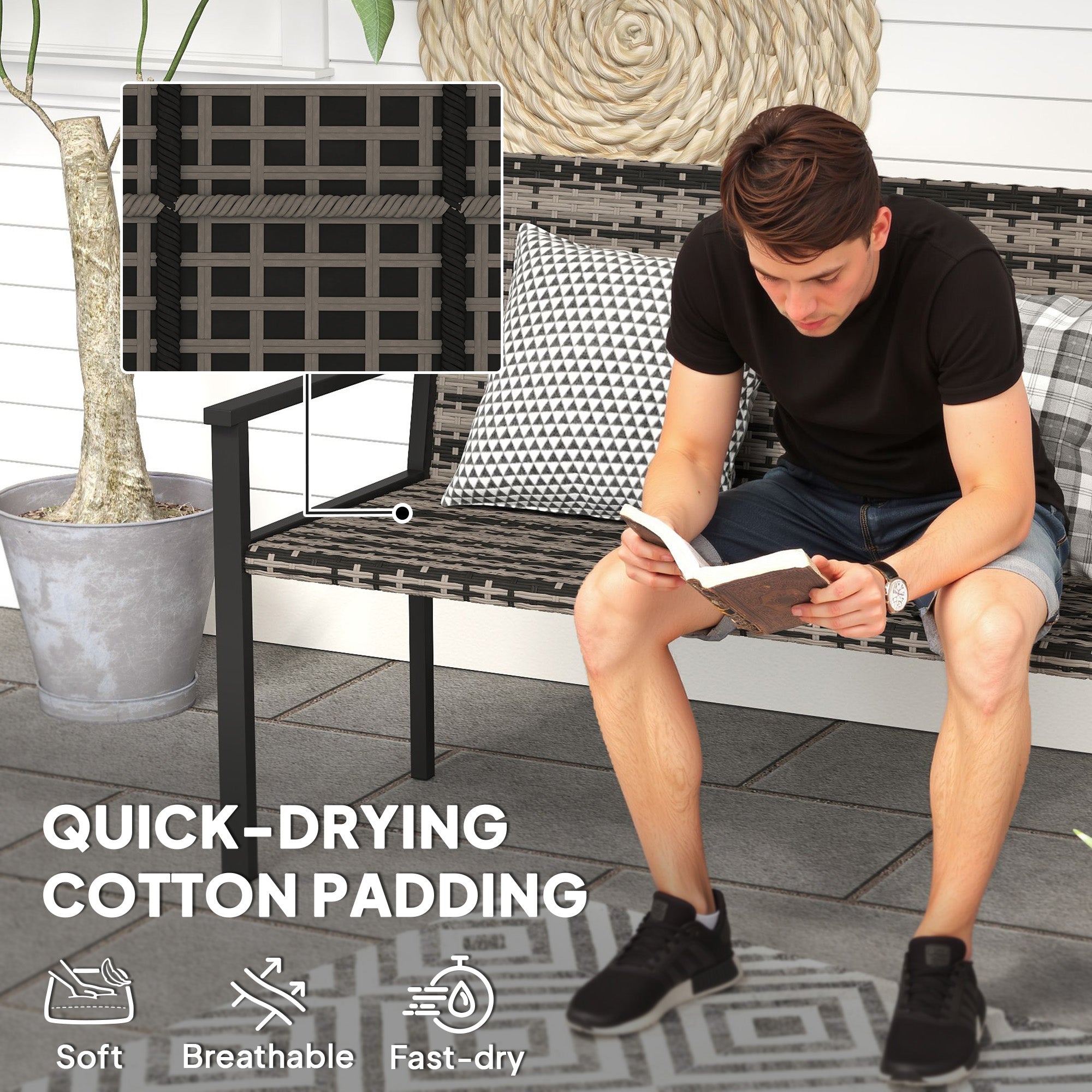Outsunny 2 Seater Rattan Garden Bench, Outdoor Bench with Quick-Drying Cotton Padding, Wicker Garden Loveseat with Armrests, Steel Frame for Patio, Park, Mixed Grey - North Peak Garden Furniture