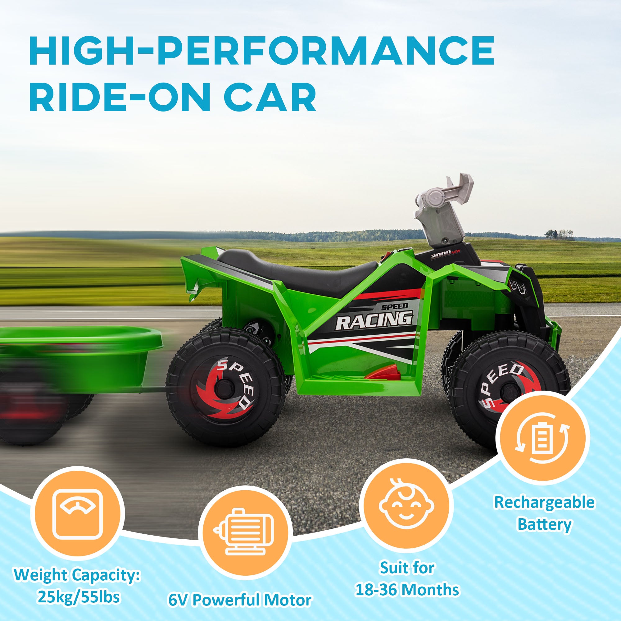 HOMCOM 6V Quad Bike with Back Trailer, Wear-Resistant Wheels, for Ages 18-36 Months, Green - North Peak Garden Furniture
