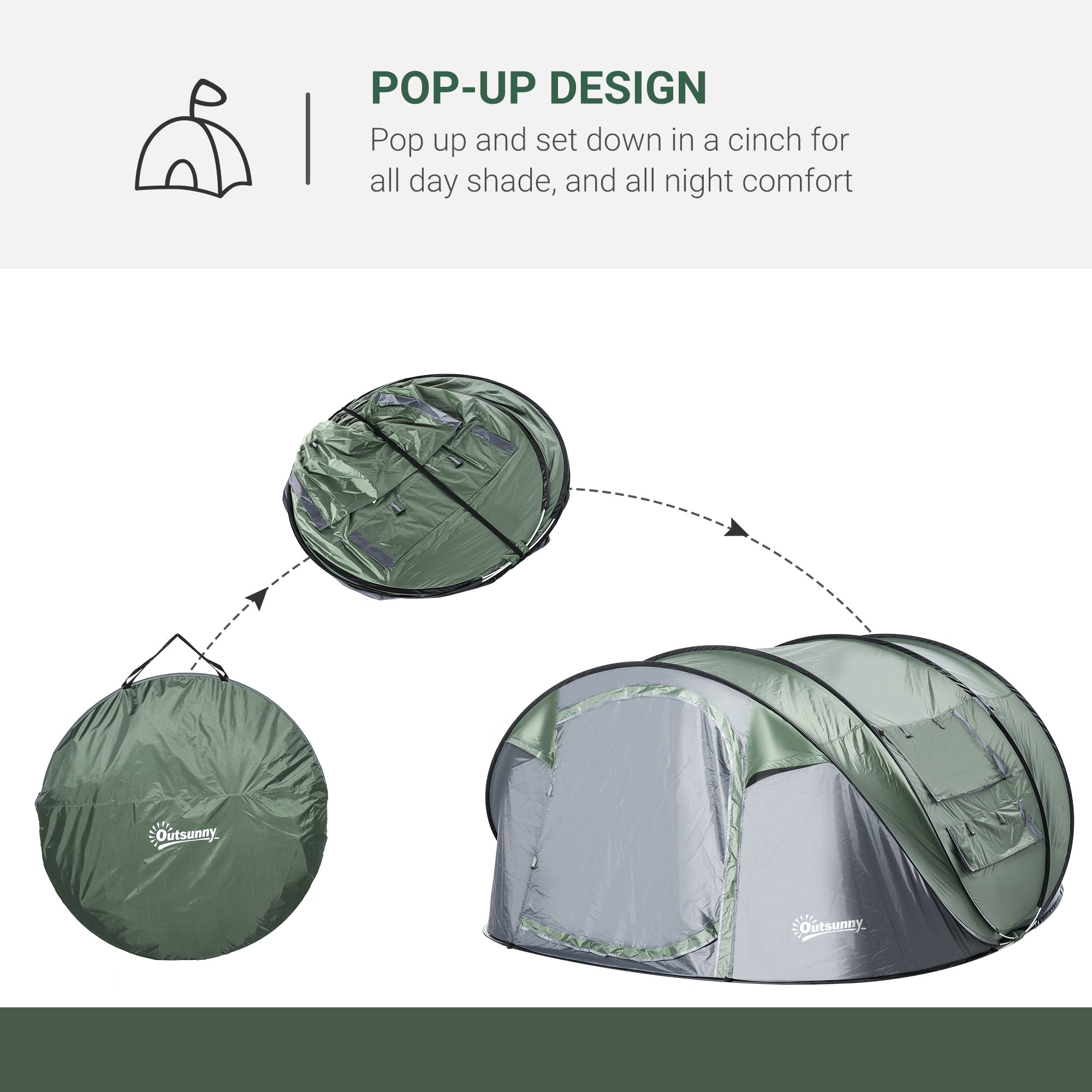 Outsunny 4-5 Person Pop-up Camping Tent Waterproof Family Tent w/ 2 Mesh Windows & PVC Windows Portable Carry Bag for Outdoor Trip, Dark Green - North Peak Garden Furniture