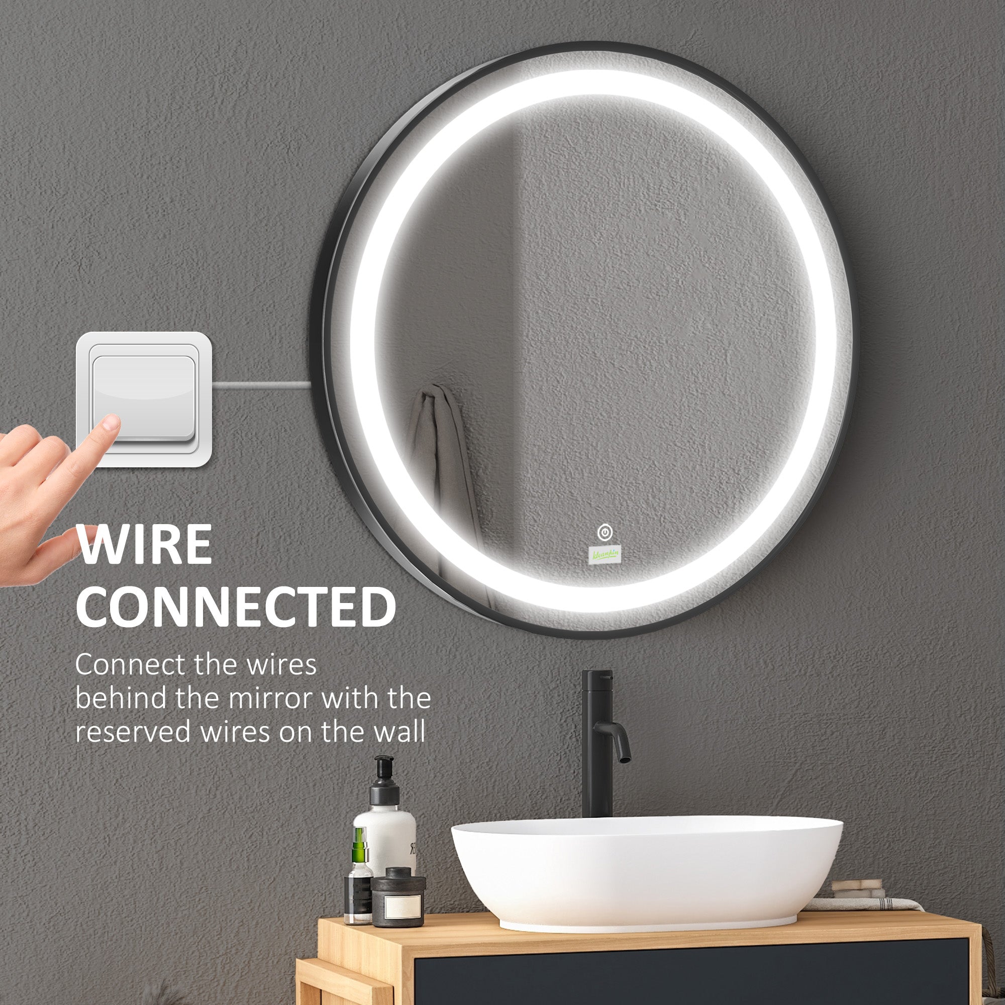 kleankin Round LED Bathroom Mirror, Dimmable Lighted Wall-Mounted Mirror with 3 Temperature Colours, Memory Function, Hardwired - North Peak Garden Furniture