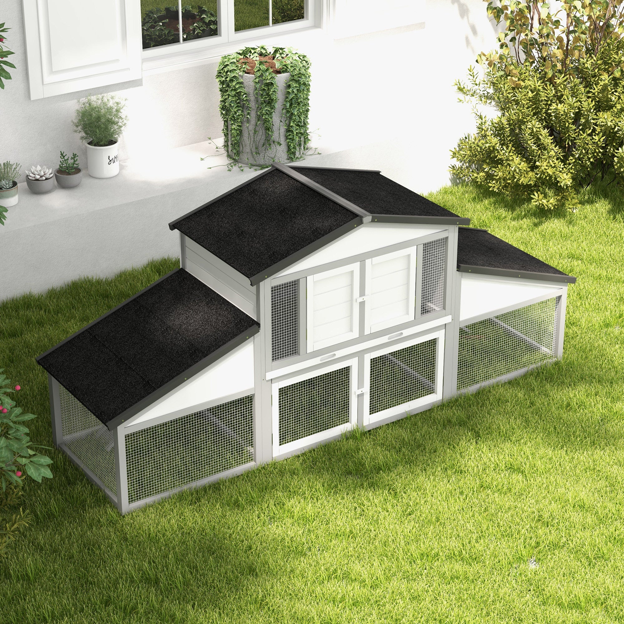 PawHut Large Rabbit Hutch with Run, Outdoor Bunny Cage, with Tray, Ramp - Light Grey - North Peak Garden Furniture