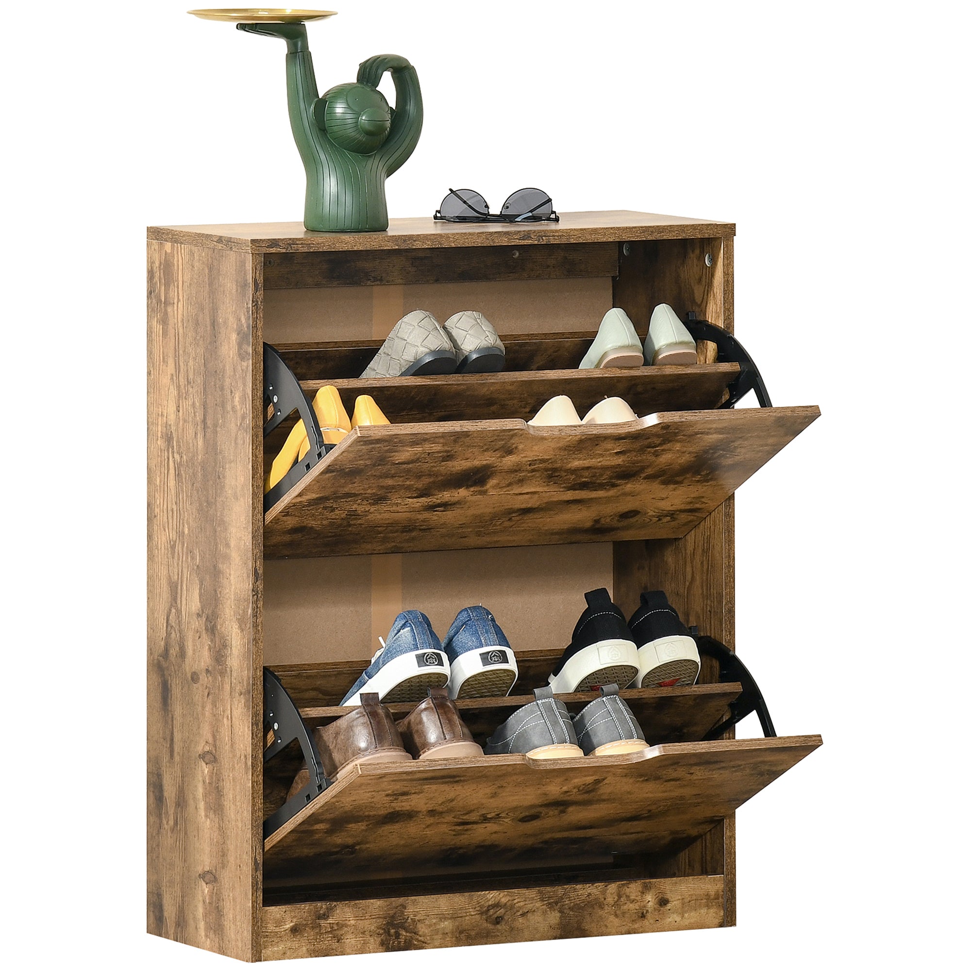 HOMCOM Industrial Shoe Cabinet with 2 Flip Drawers, Narrow Shoe Storage Cabinet for 12 Pairs, Freestanding Slim Shoe Storage Organiser for Entryway, Hallway, Rustic Brown - North Peak Garden Furniture