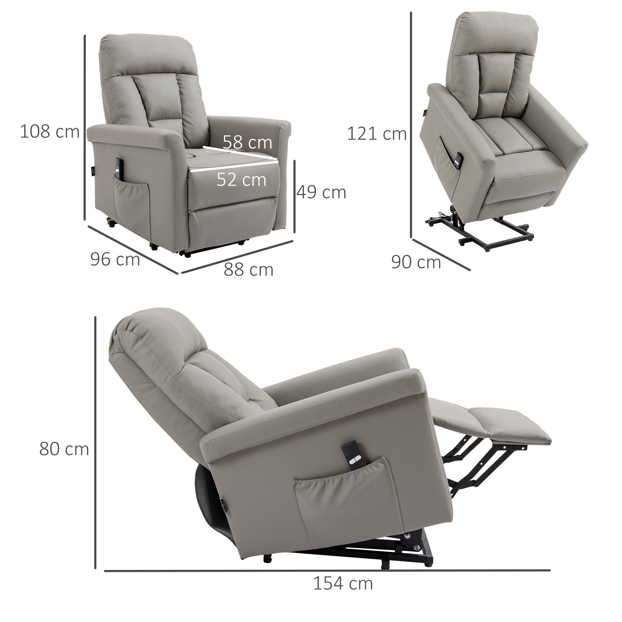 HOMCOM Power Lift Chair, PU Leather Recliner Sofa Chair for Elderly with Remote Control, Side Pocket, Grey - North Peak Garden Furniture