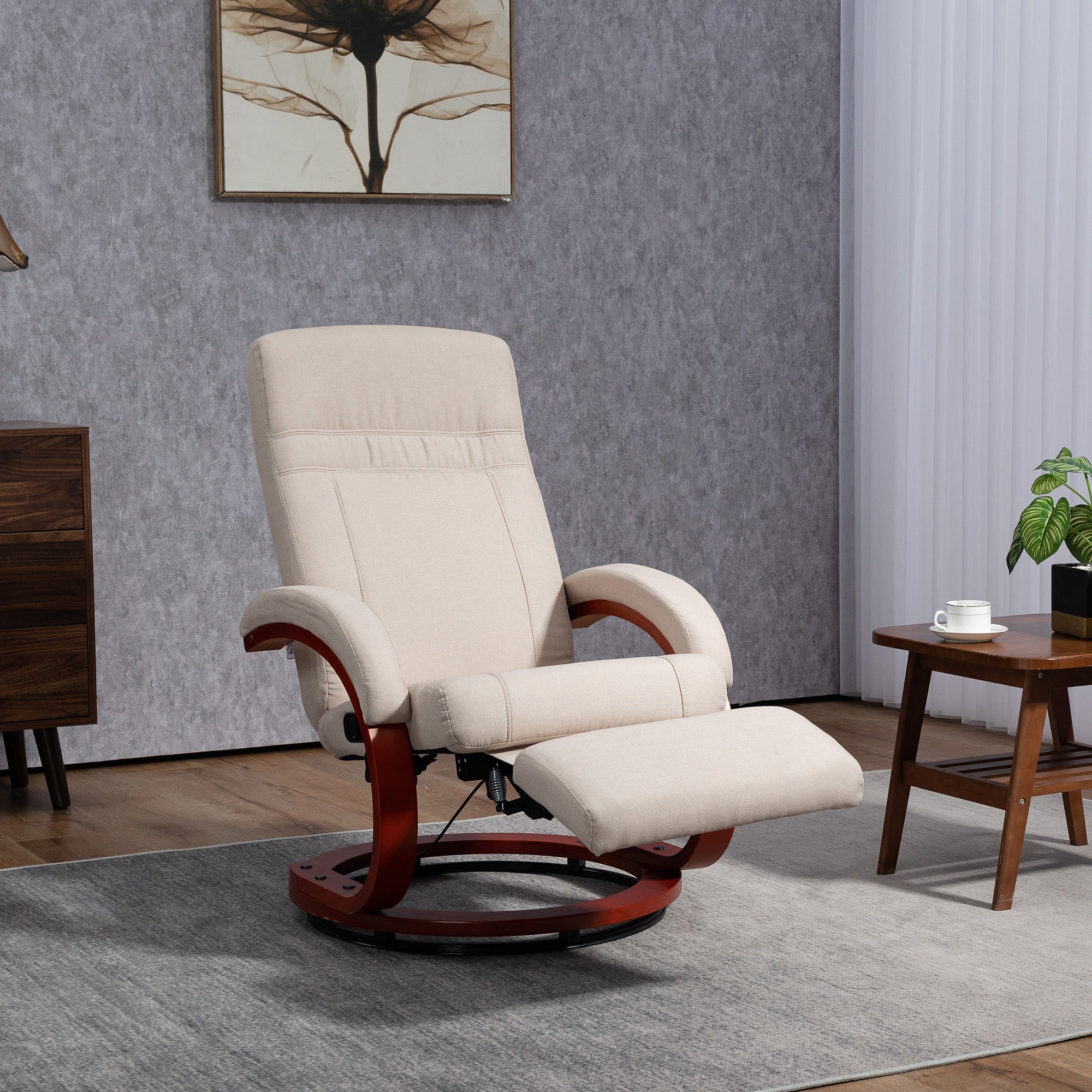 HOMCOM 135° Manual Reclining Swivel Chair, with Footrest - Beige - North Peak Garden Furniture