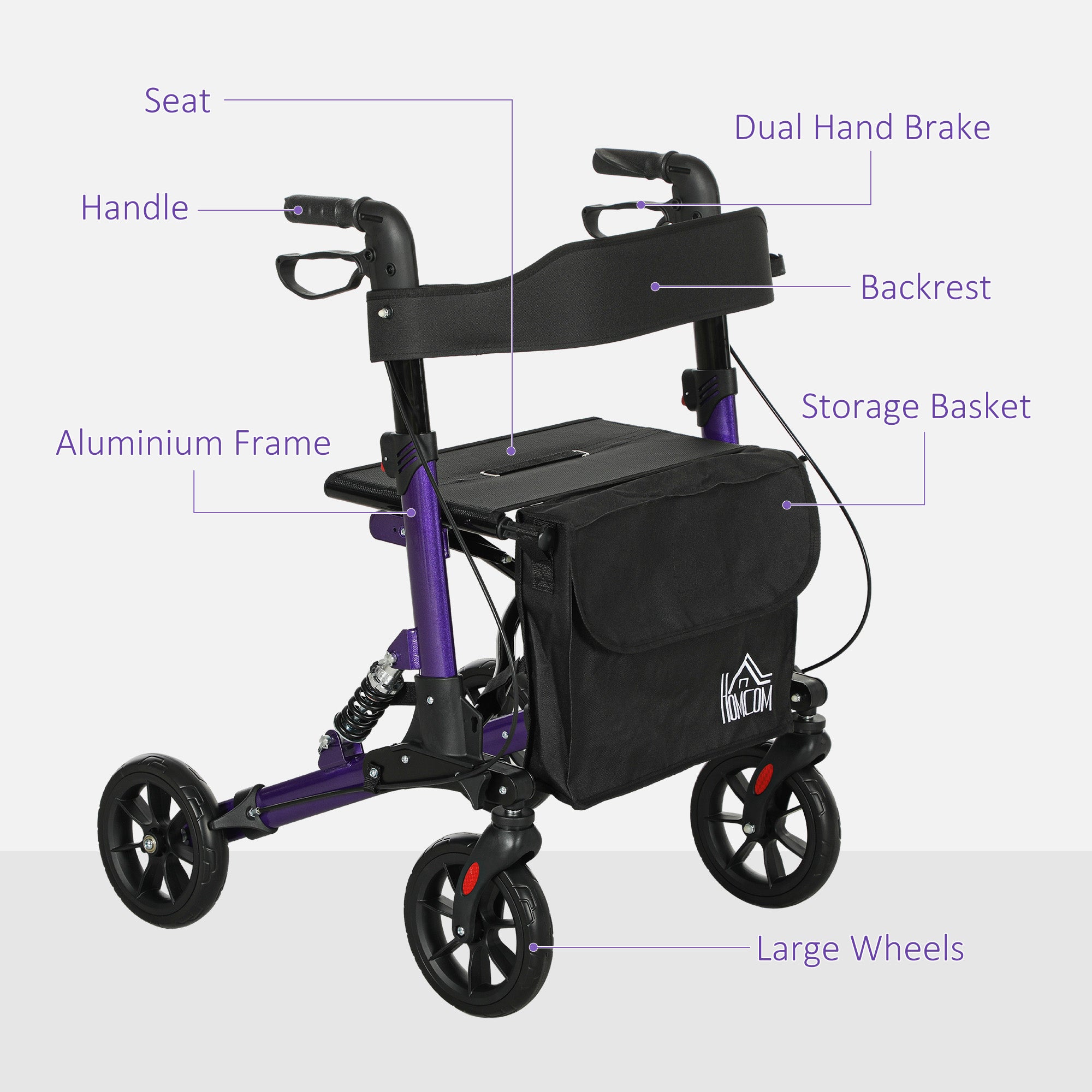 HOMCOM Folding Rollator Walker with Seat, Backrest, Lightweight Walking Frame with Storage Bag, Dual Brakes, Adjustable Handle Height, Suspension System, 4 Wheeled Walker for Seniors, Purple - North Peak Garden Furniture
