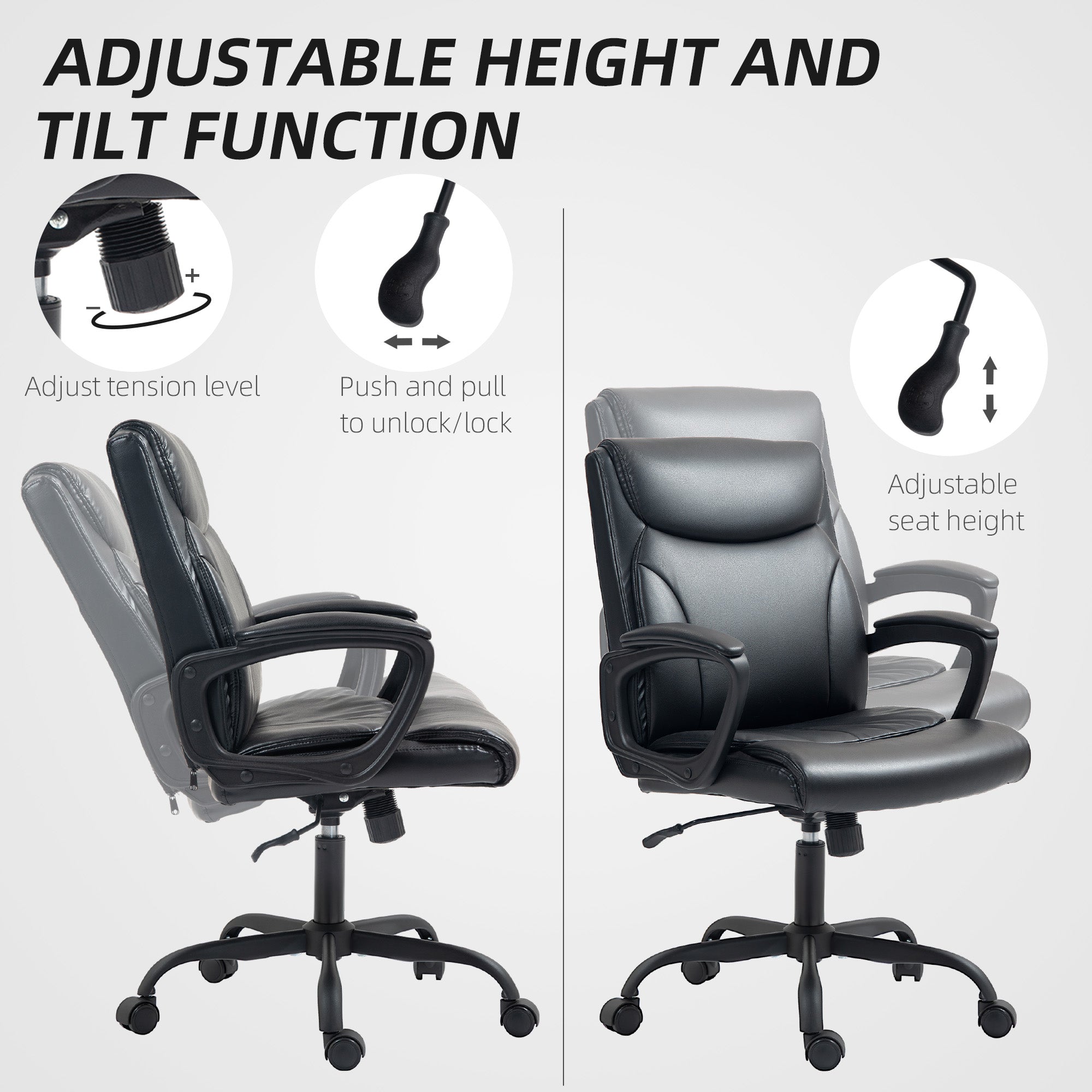 HOMCOM Executive Office Chair, Faux Leather Desk Chair with Height Adjustable, Swivel Wheels and Tilt Function, Computer Chair for Home Office and Study Room, Black - North Peak Garden Furniture