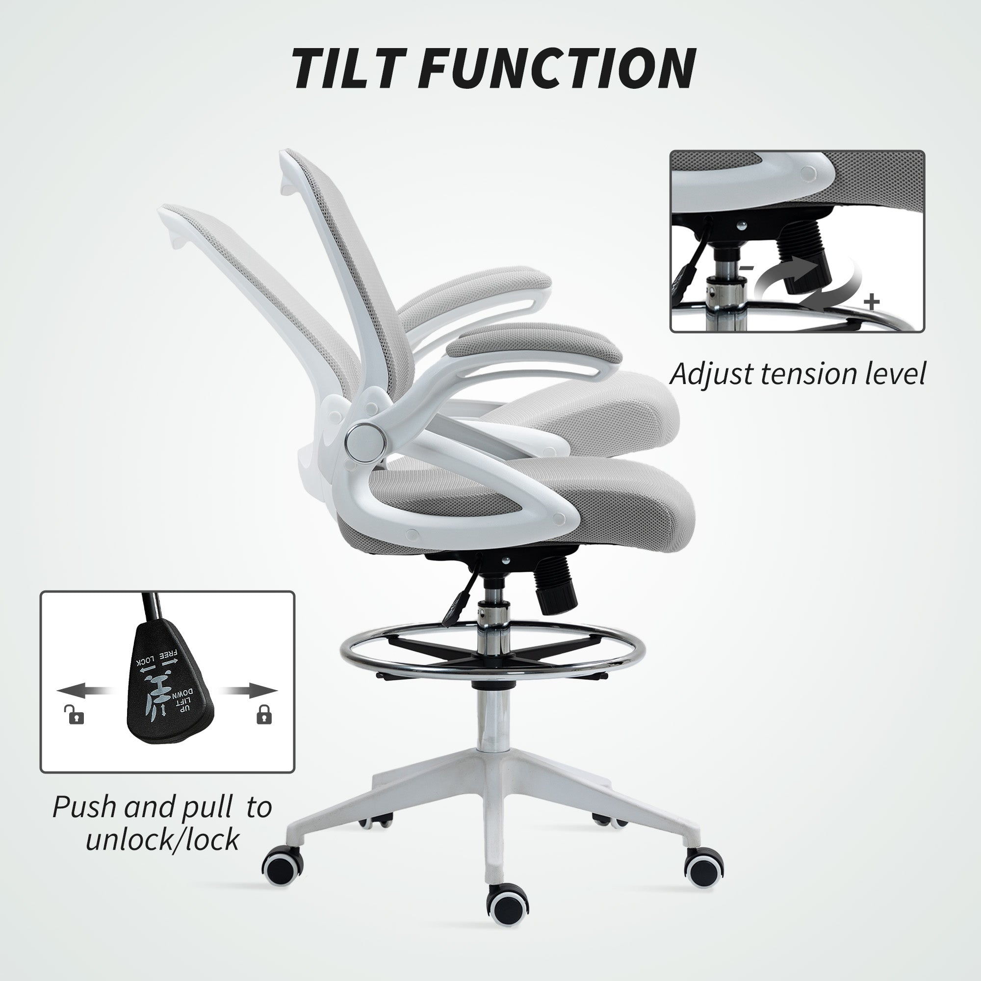 Vinsetto Drafting Chair with Flip-up Armrest, Mesh Office Stool with Foot Ring, 360° Swivel Height Adjustable Chair for Standing Desk, Light Grey - North Peak Garden Furniture