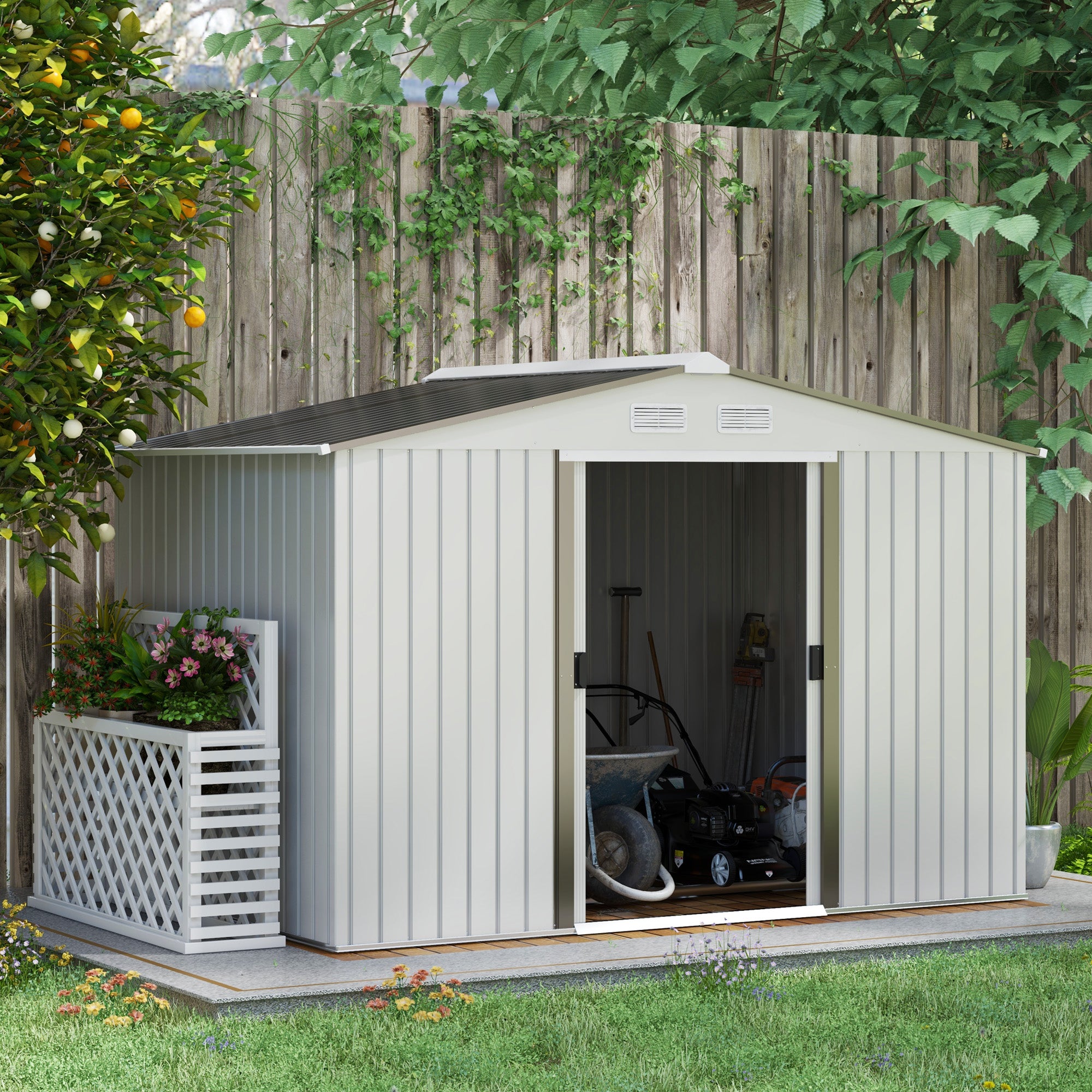 Outsunny Garden Storage Shed, Metal Outdoor Storage Shed House with Foundation Kit, Ventilation, Doors, 9 x 6FT, Silver - North Peak Garden Furniture