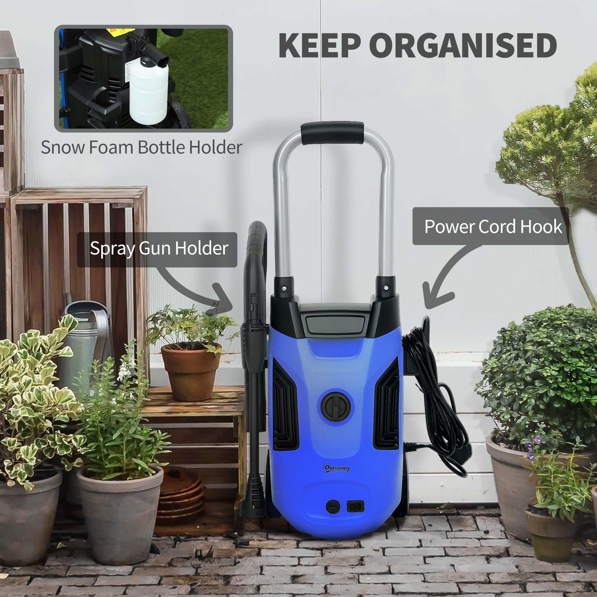 Outsunny 1800W High Pressure Washer, 150 Bar Pressure, 420 L/h Flow, Portable Power Washer Jet Wash Cleaner with Adjustable Nozzle, 6M Hose, Steel Handle for Home Patio Car Driveway, Blue - North Peak Garden Furniture