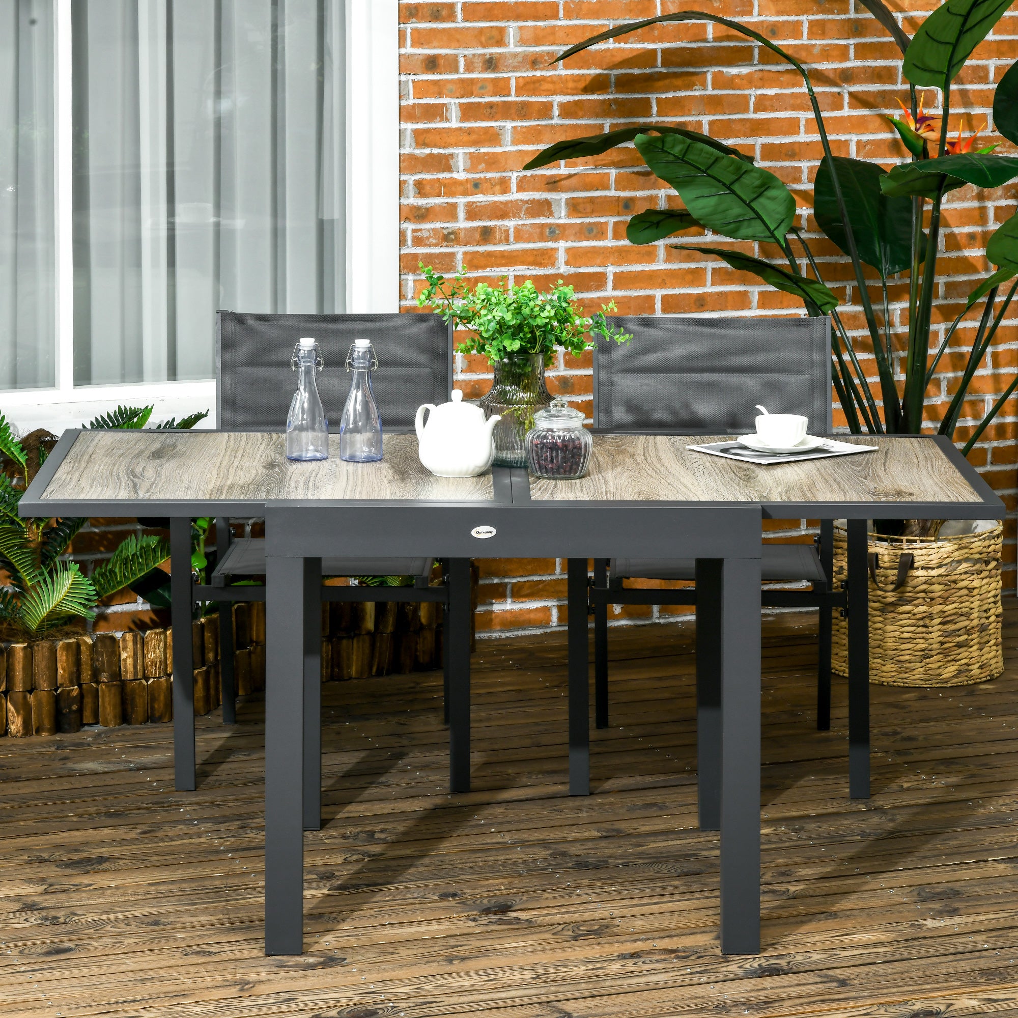 Outsunny Extending Garden Table, Outdoor Dining Table for 6, Aluminium Frame Rectangular Patio Table with Plastic Board Tabletop,80/160L x 80W x 75H cm, Beige - North Peak Garden Furniture