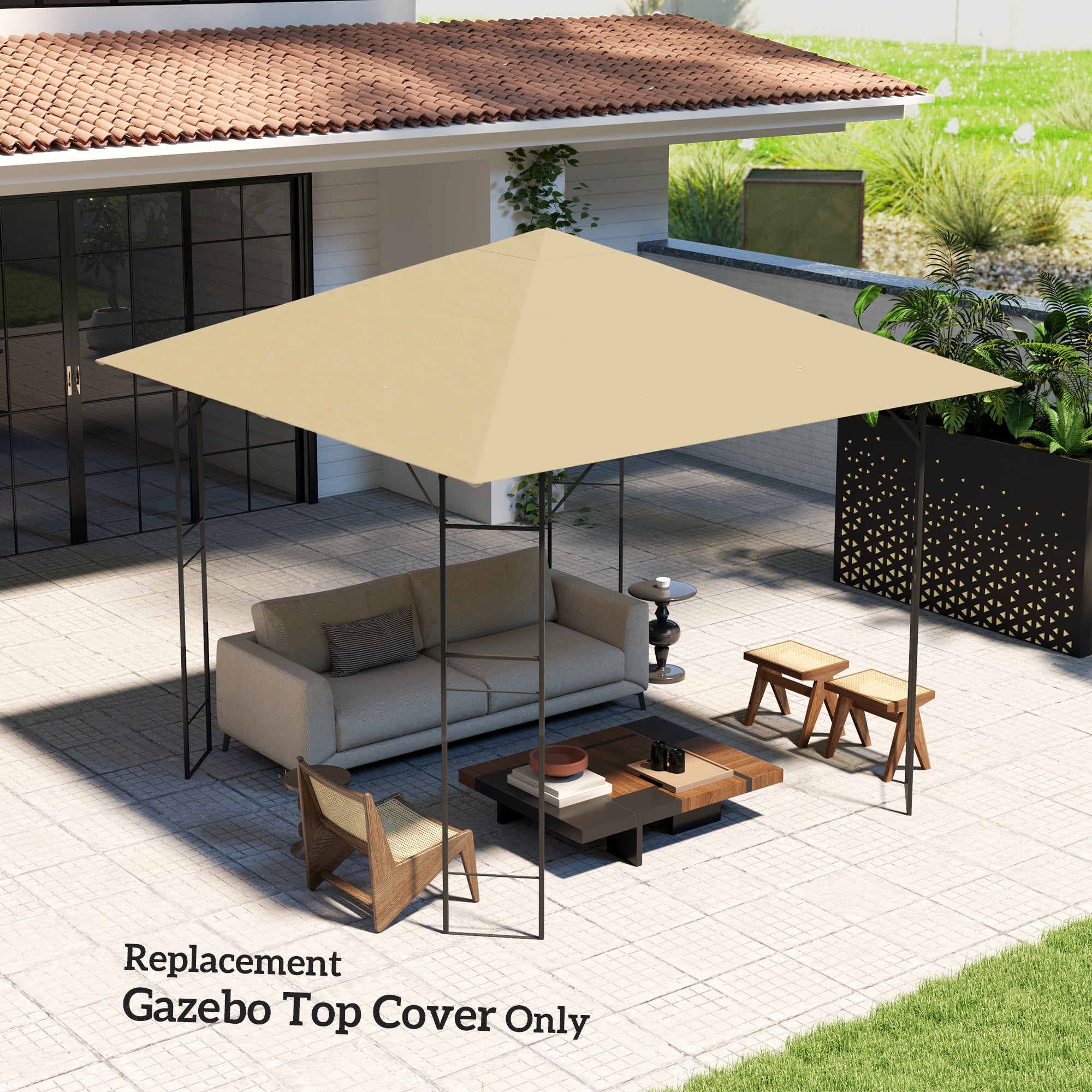 Outsunny 3 x 3(m) Gazebo Canopy Replacement Cover, Garden Gazebo Roof Replacement with Drain Holes, Water Resistant PVC Coating, 370g/㎡, UPF30+, TOP COVER ONLY, Beige - North Peak Garden Furniture