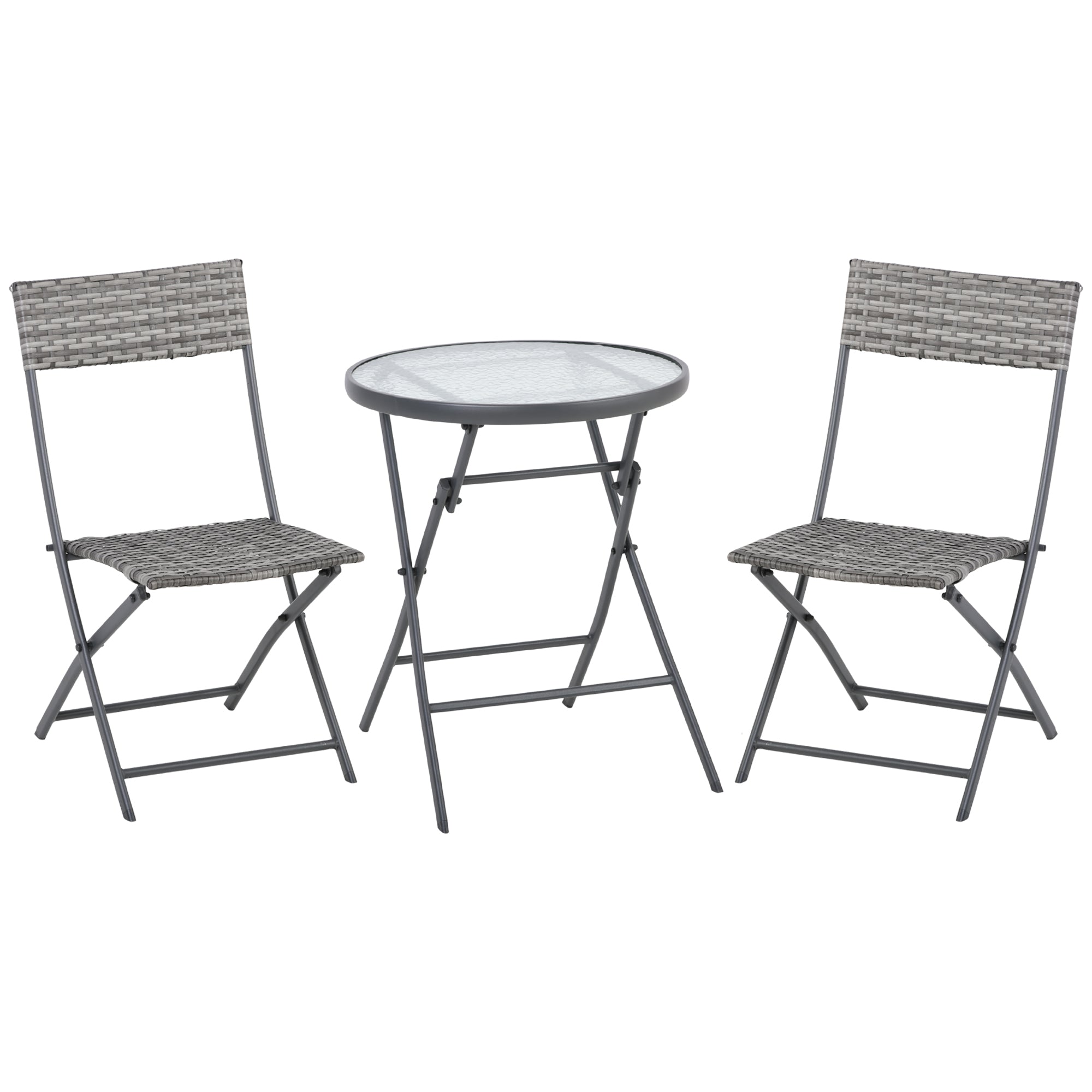 Outsunny 3 Pieces Rattan Bistro Set, Wicker Folding Garden Furniture Set with Glass Top Coffee Table and Chairs for Outdoor, Patio, Balcony, Grey - North Peak Garden Furniture