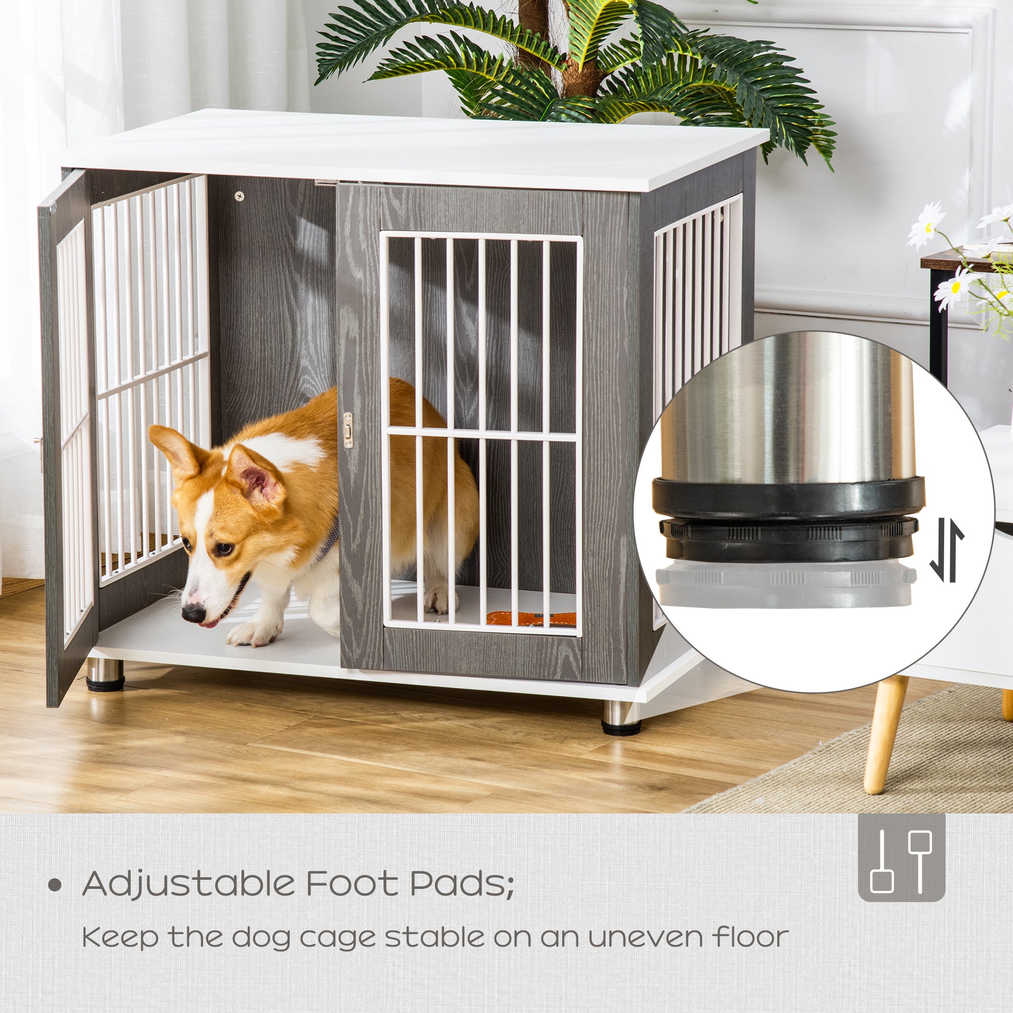 PawHut Dog Crate Wooden Pet Kennel Cage End Table w/ Lockable Door for Small Medium Dog Grey & White 85 x 55 x 75 cm - North Peak Garden Furniture