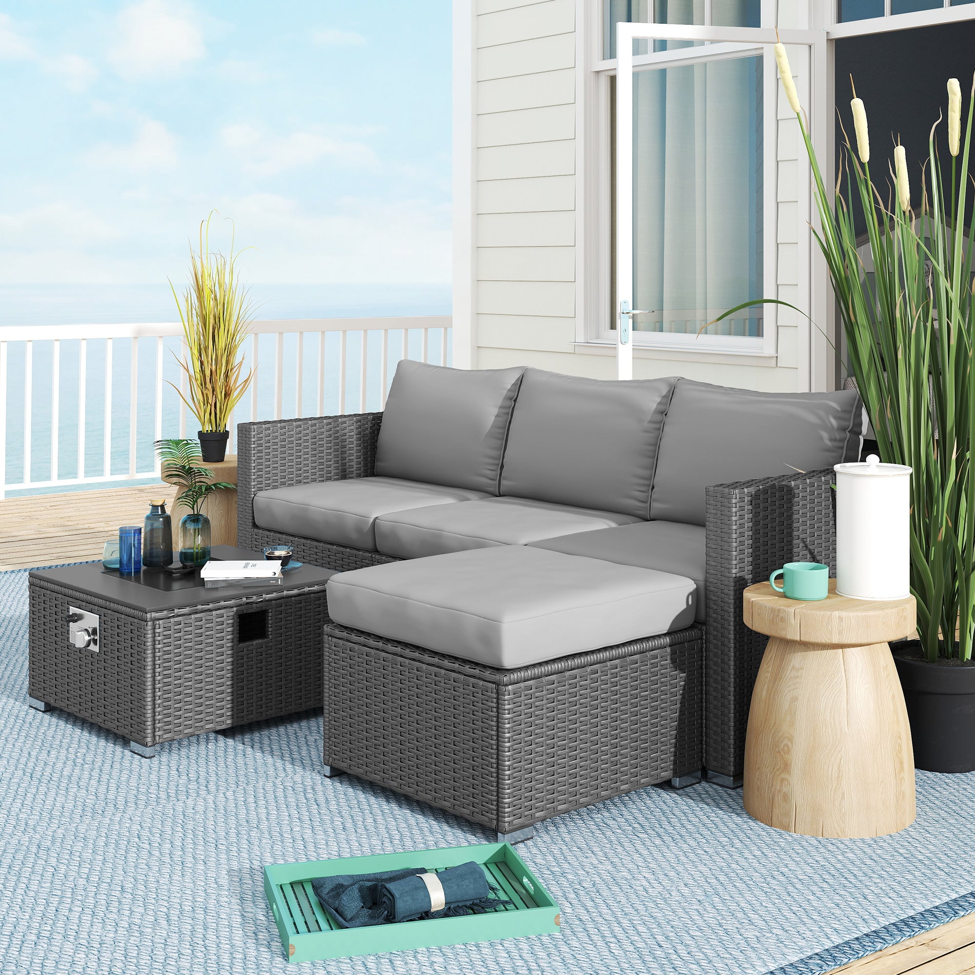 Outsunny Five Piece Rattan Garden Furniture Set with Gas Fire Pit Table and Footstool - Grey - North Peak Garden Furniture