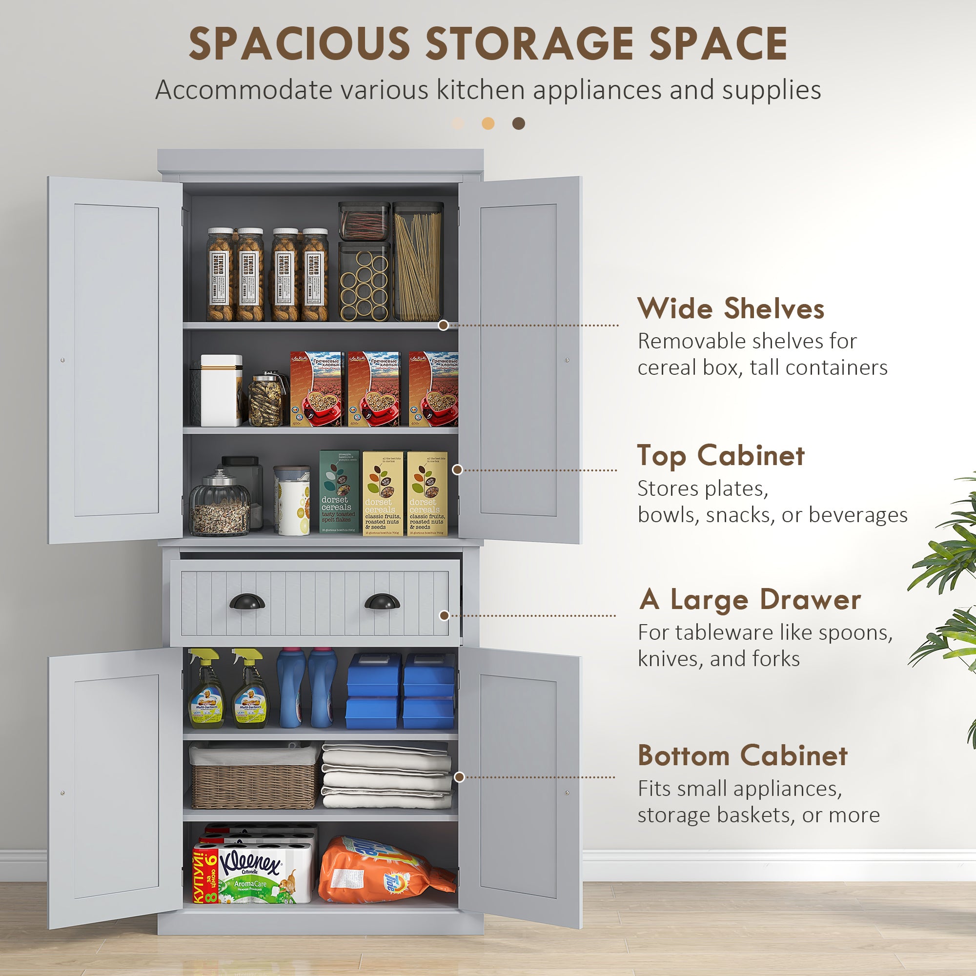 HOMCOM Freestanding Multi-Storage Kitchen Cabinet - Grey - North Peak Garden Furniture