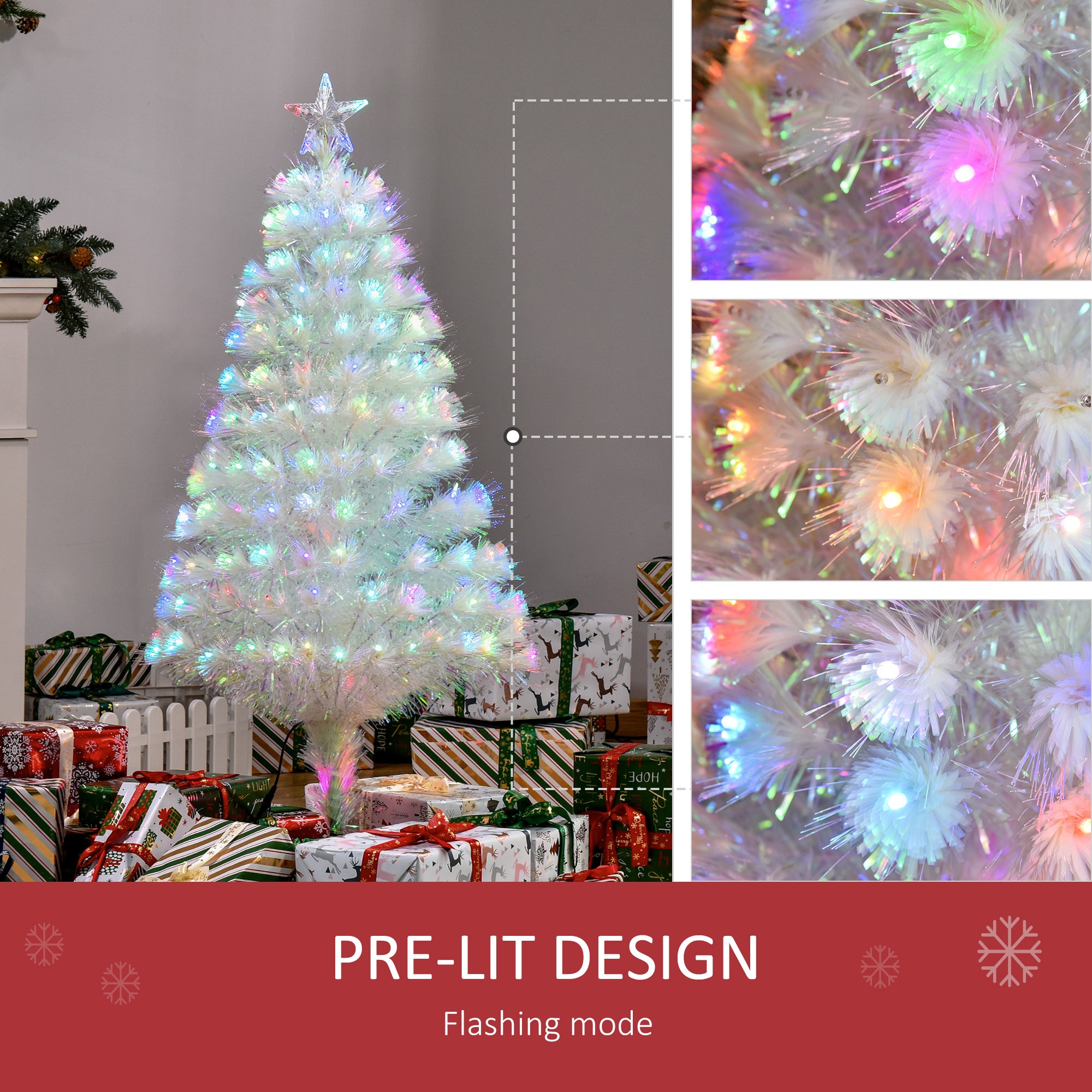 HOMCOM 4 Feet Prelit Artificial Christmas Tree with Fiber Optic LED Light, Holiday Home Xmas Decoration, White - North Peak Garden Furniture