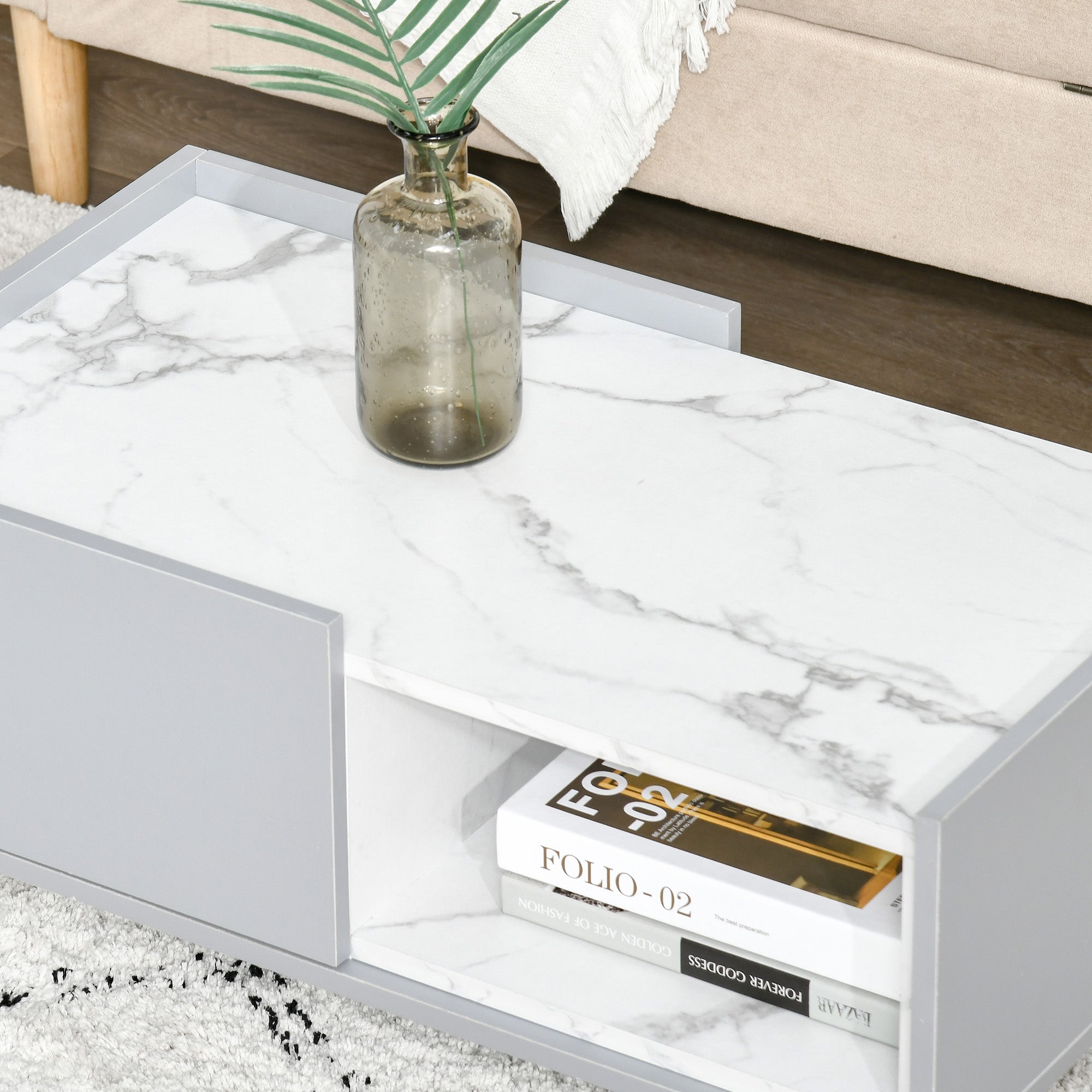 HOMCOM White Coffee Table with Faux Marble Top, 2-Tier Wood Center Table Sofa Table with Storage Drawer and Shelf for Home Living Room Reception Room - North Peak Garden Furniture