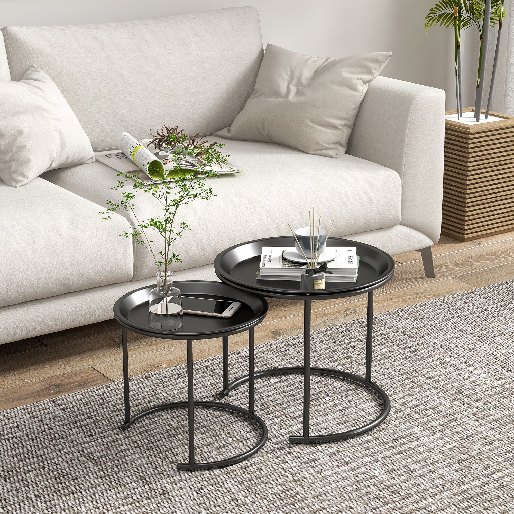 HOMCOM Nesting Tables Set of 2, Side End Table with Removable Tabletop Tray and Steel Frame for Living Room, Bedroom, White - North Peak Garden Furniture