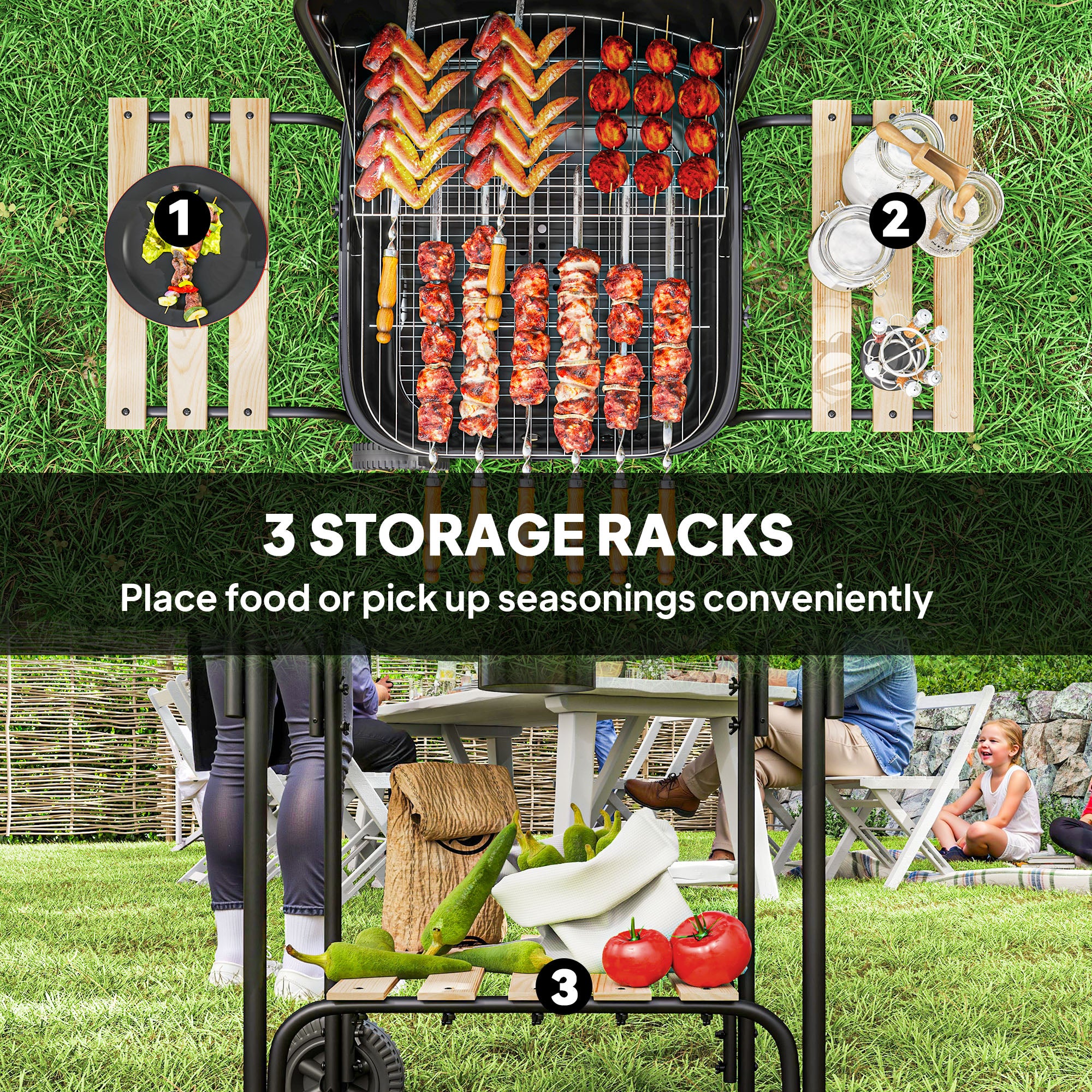 Outsunny Charcoal Barbecue Grill Portable BBQ Grill with 1840 cm² Cooking Area, 3 Shelves, Adjustable Vent, Lockable Lid, Wheels for Outdoor Cooking, Garden Party, Black - North Peak Garden Furniture
